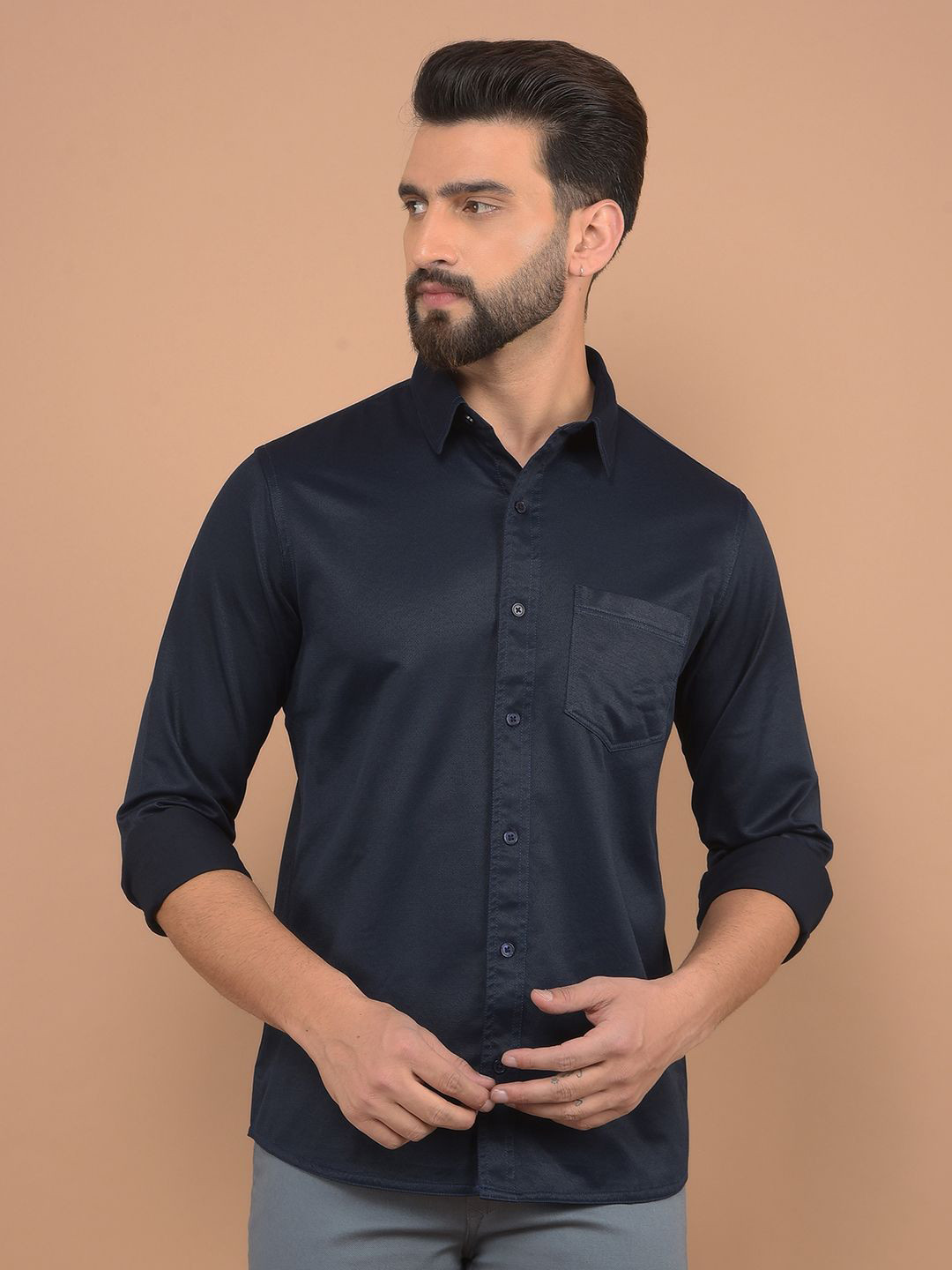 

Canary London Men Smart Spread Collar Solid Slim Fit Casual Shirt, Navy blue