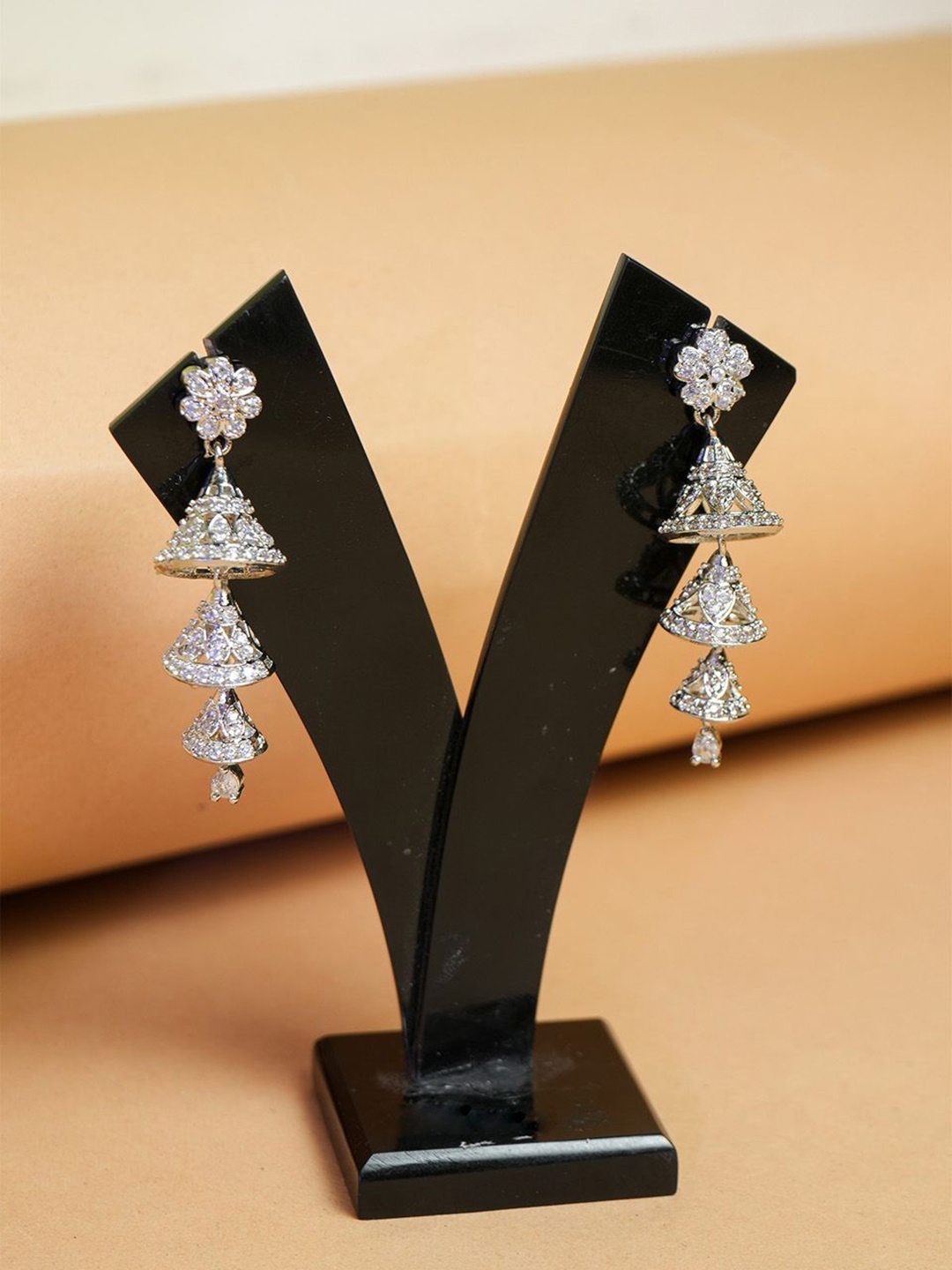 

VIRAASI Silver-Plated Dome Shaped Zircon Triple-Tiered Jhumkas