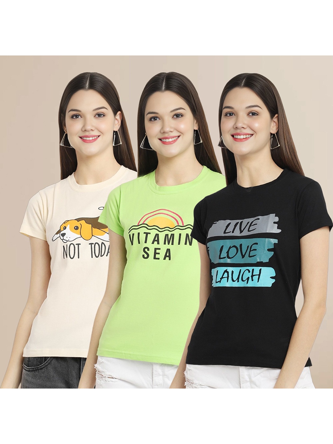 

Metronaut Women Pack Of 3 Typography Printed Round Neck Cotton T-shirts, Cream
