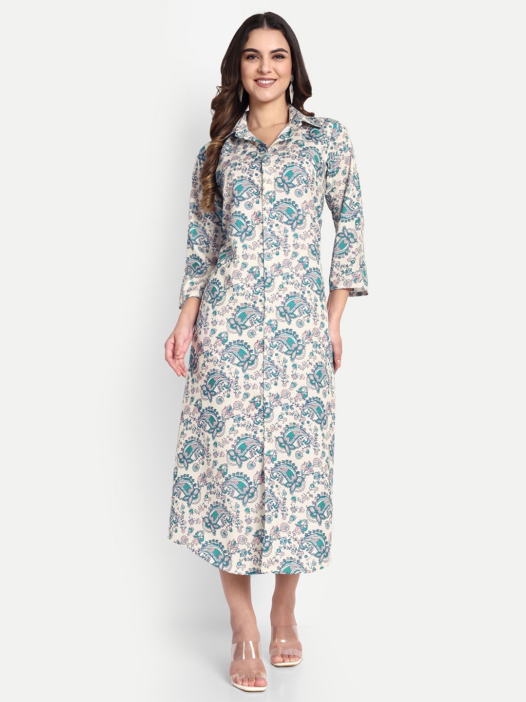 

TILISM Women Floral Printed Cotton A- Line Dress, Green