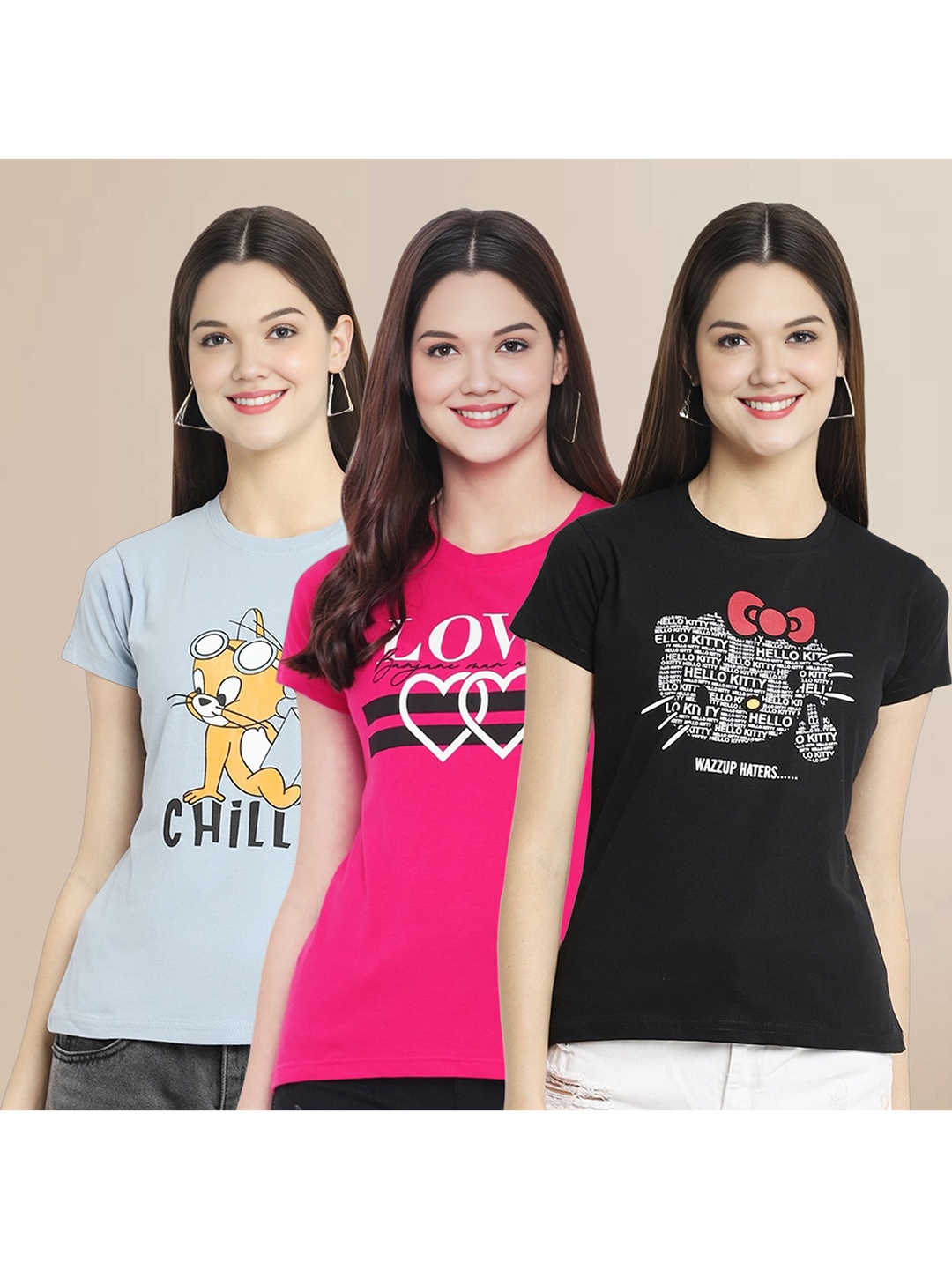 

Metronaut Women Pack Of 3 Graphic Printed Round Neck Cotton Tom & Jerry T-shirts, Blue