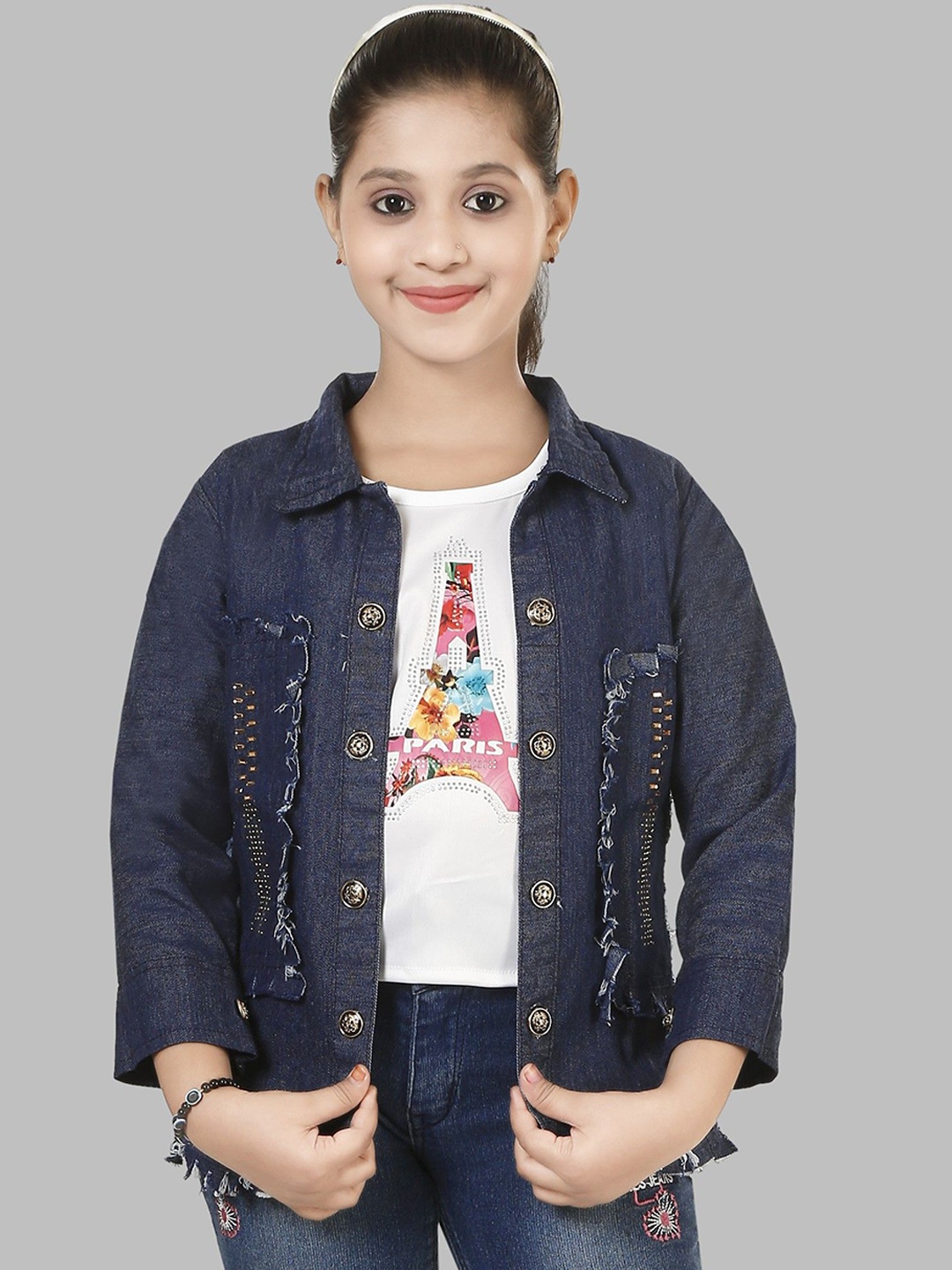 

CELEBRITY CLUB Girls Washed Cotton Longline Denim Jacket with Embroidered, Navy blue