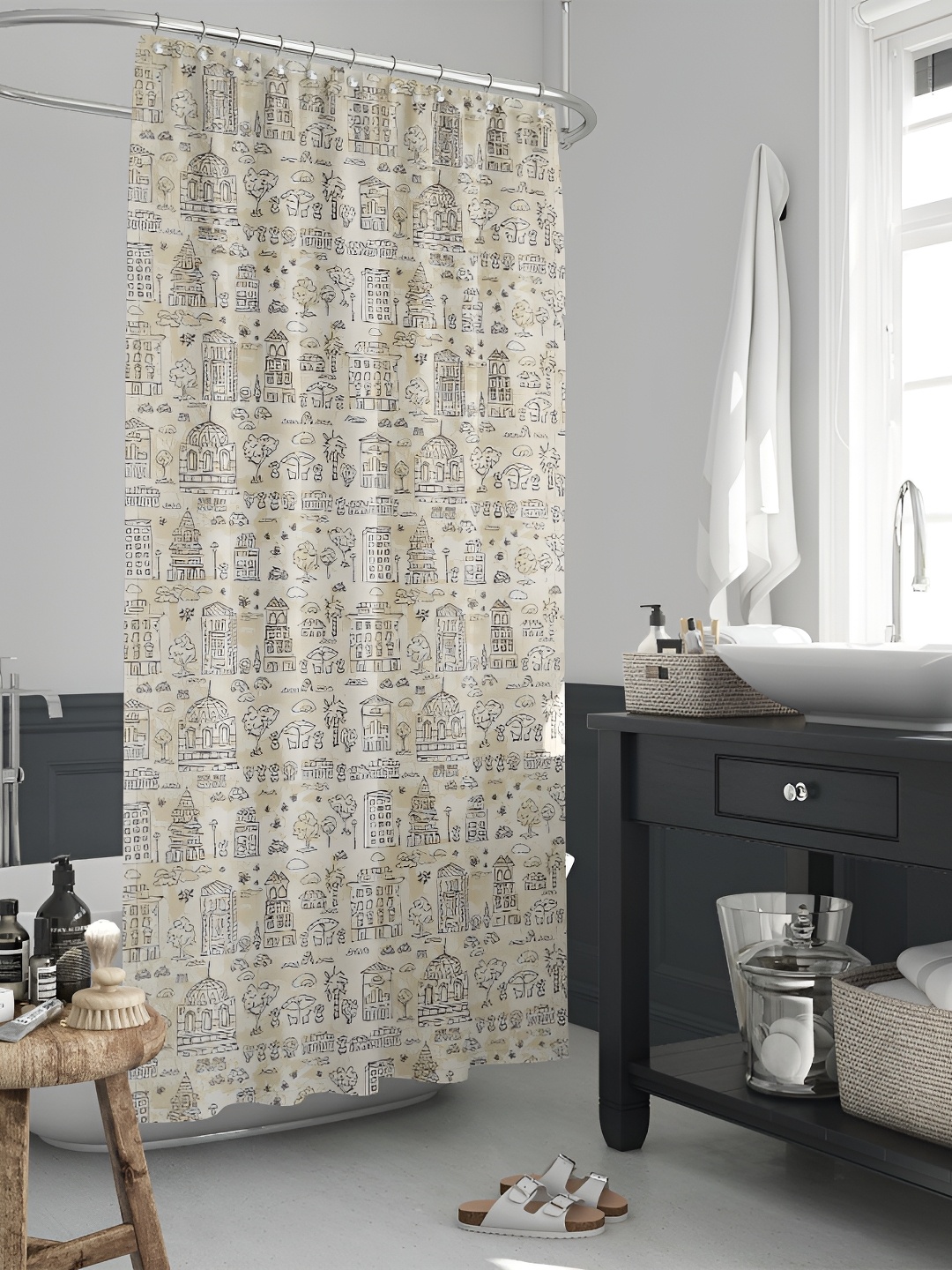 

ArtzFolio Beige & White Geometric Printed Waterproof Shower Curtain