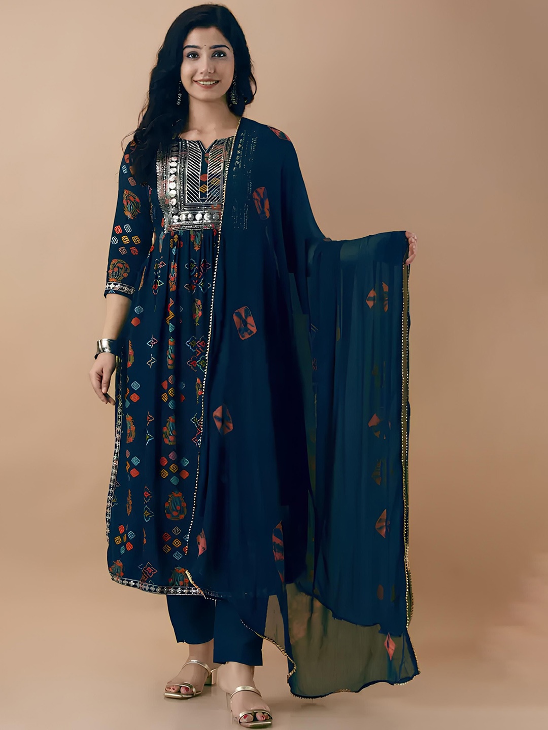 

zinariya Fab Floral Printed Regular Sequin Work Kurta With Trouser With Dupatta, Teal