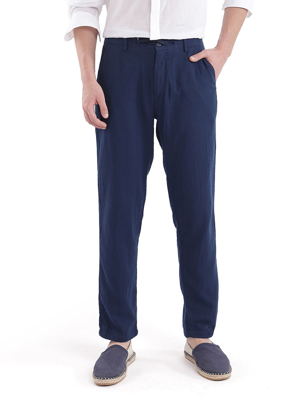 

RARE RABBIT Men Regular Fit Cotton Trouser, Navy blue