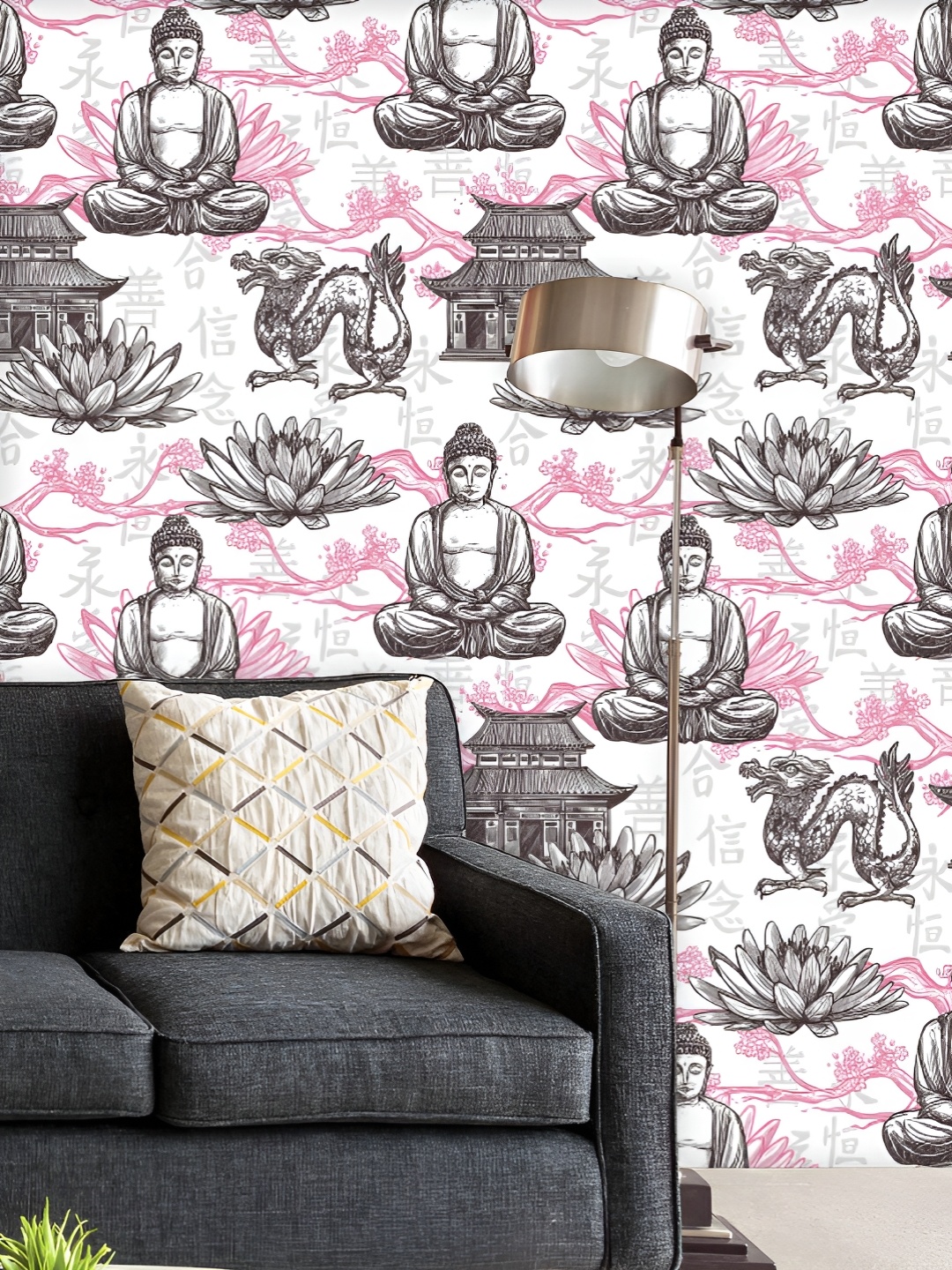 

ArtzFolio Printed UV-Resistant Anti-Bacterial Pagoda Building Lotus Flower Dragon Asian Pattern Peel & Stick Wallpaper, Multi