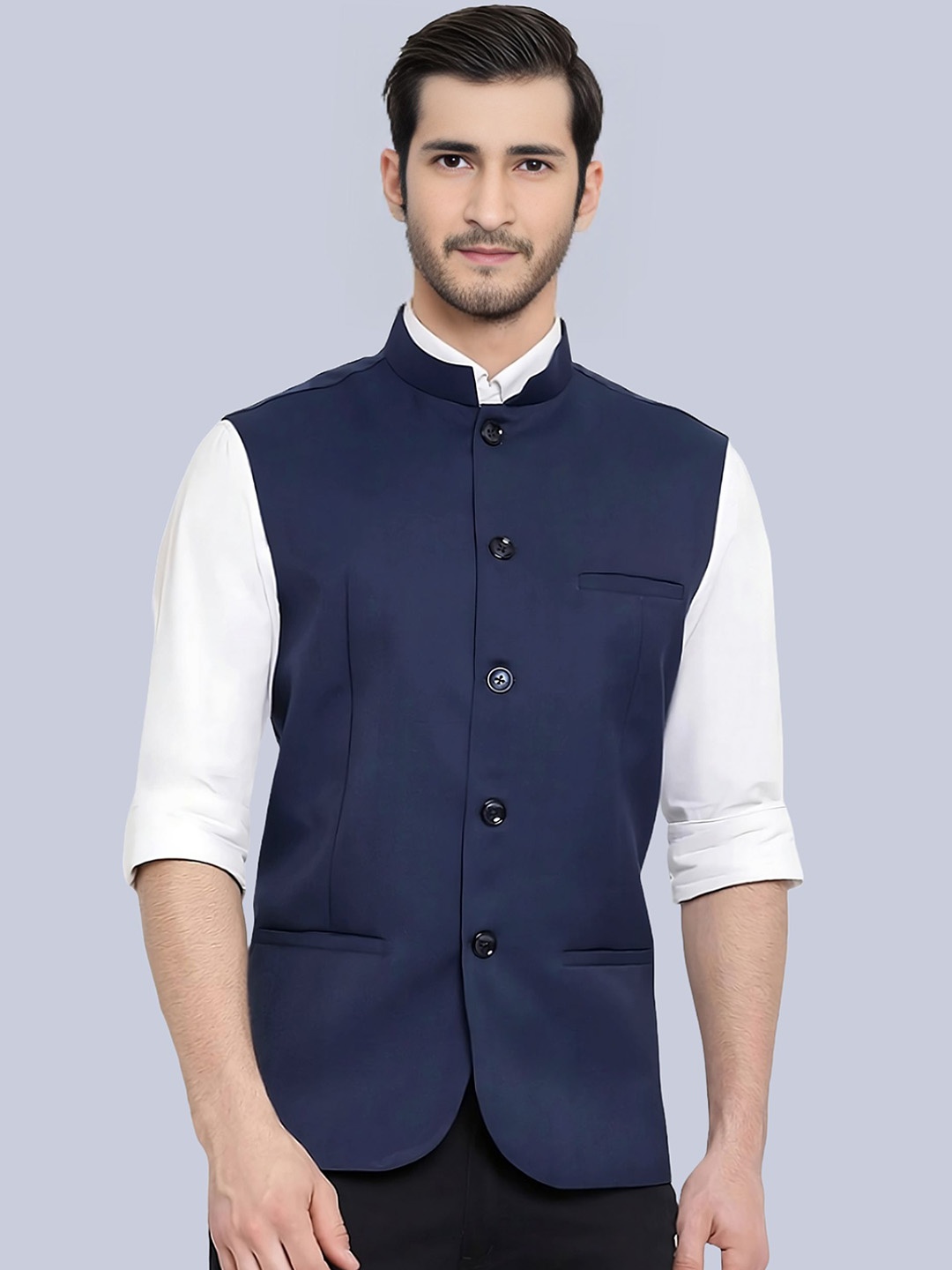 

BAESD Mandarin Collar Satin Nehru Jacket, Navy blue