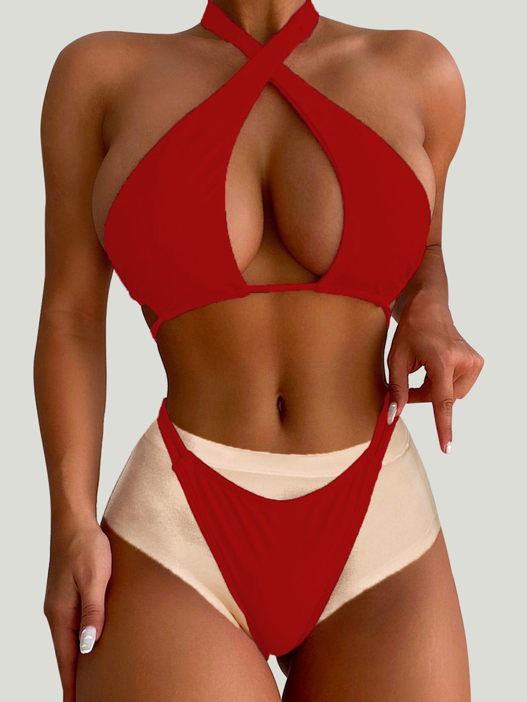 

FIMBUL Women Halter Neck Bikini Set, Red