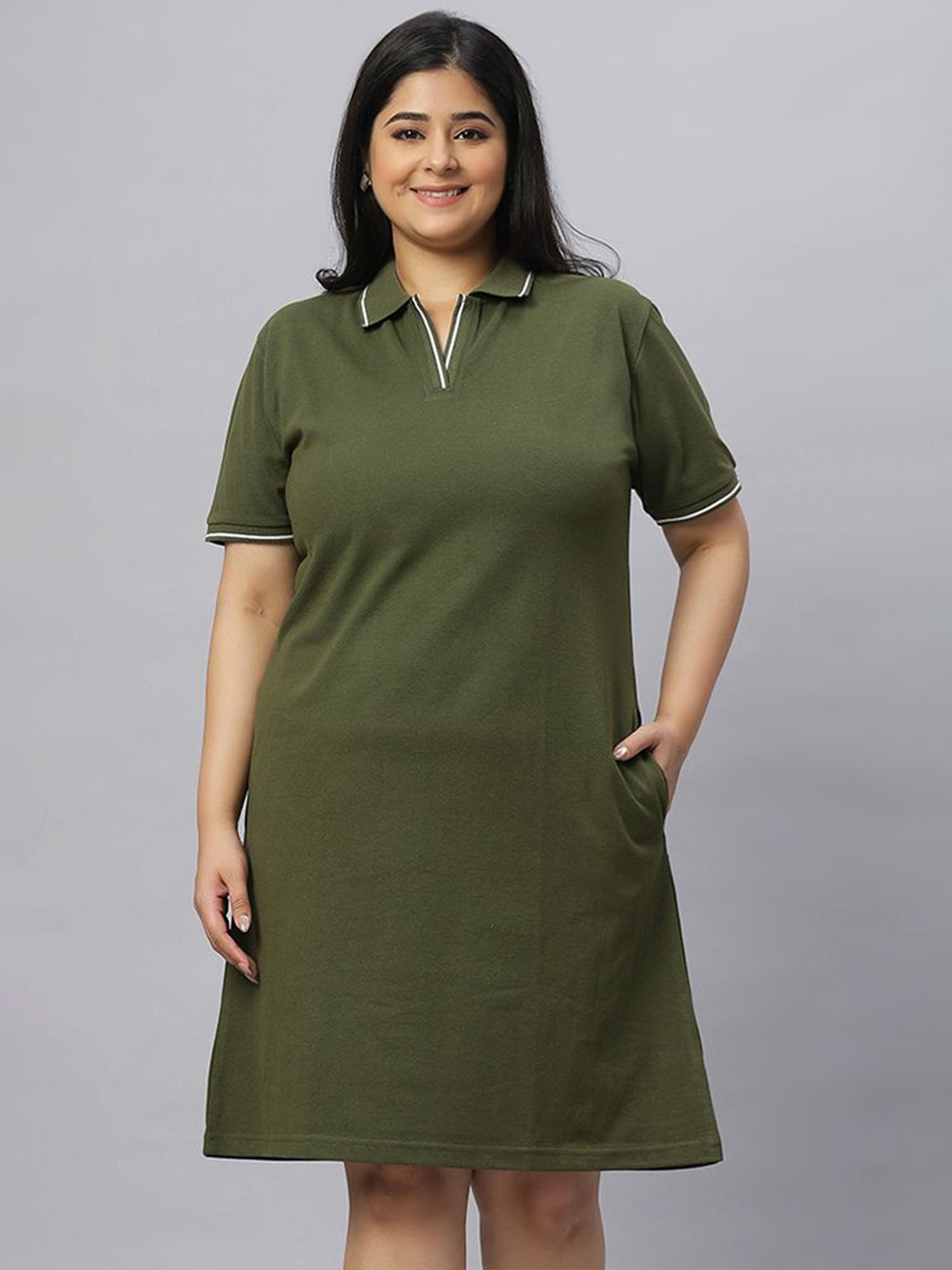 

Wear Your Opinion Women Plus Size Polo Collar Knitted Weave Tipped T-shirt Dress, Olive