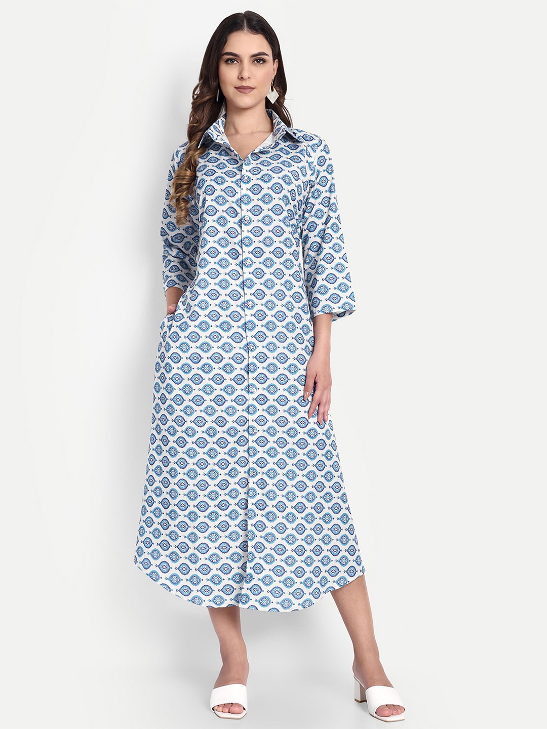 

TILISM Women Cotton Floral Printed Shirt Midi Dress, White
