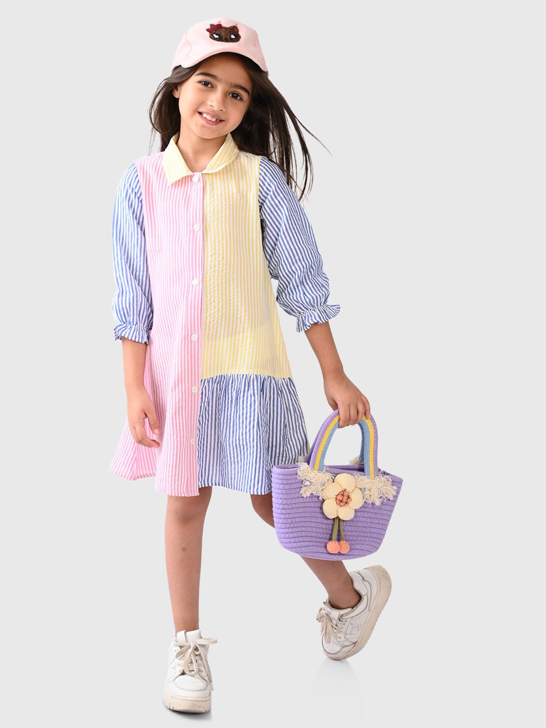 

BONKIDS Girls Striped Cotton Shirt Dress, Blue