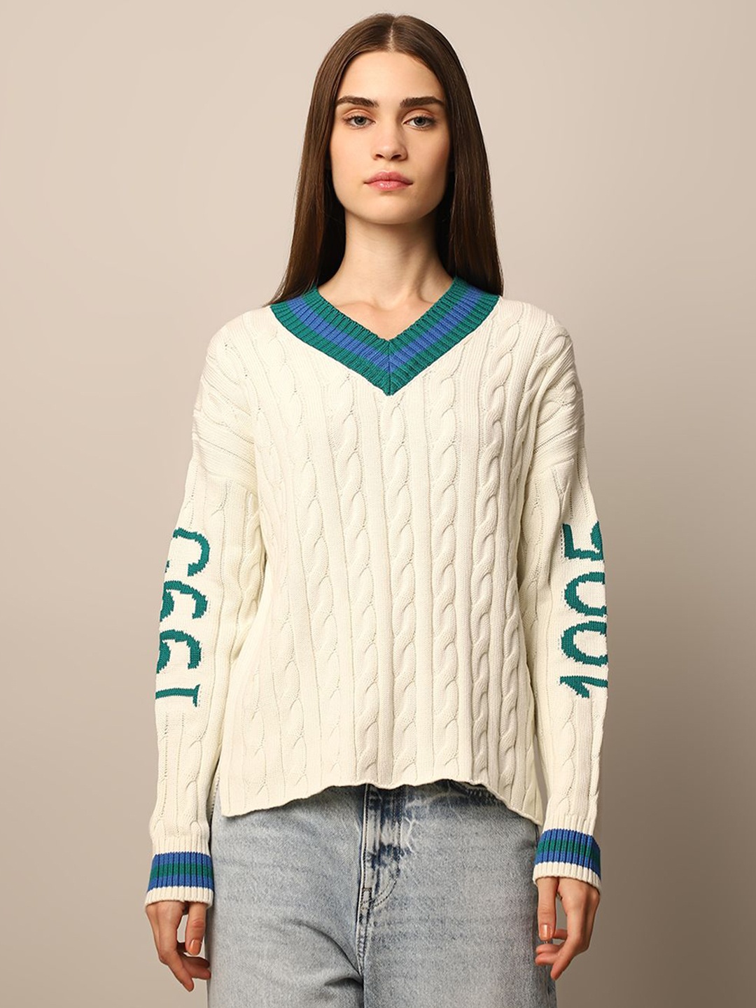 

ONLY Women Cotton Colourblocked V-Neck Long Sleeves Pullover Sweater, Cream