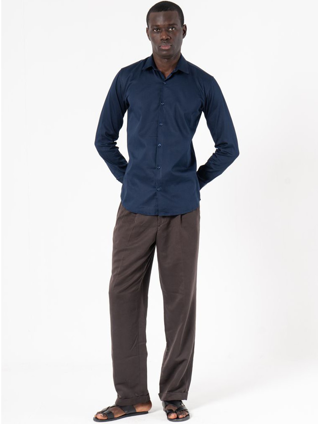 

SAY Men India Slim Spread Collar Solid Satin Slim Fit Semiformal Shirt, Navy blue