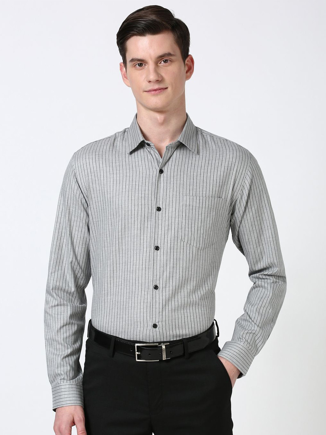 

Peter England Men Spread Collar Vertical Striped Cotton Slim Fit Casual Shirt, Grey