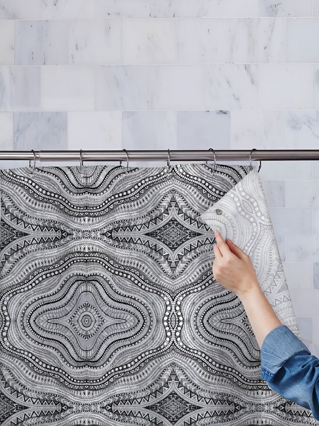 

ArtzFolio Grey & Black Printed Waterproof Shower Curtain