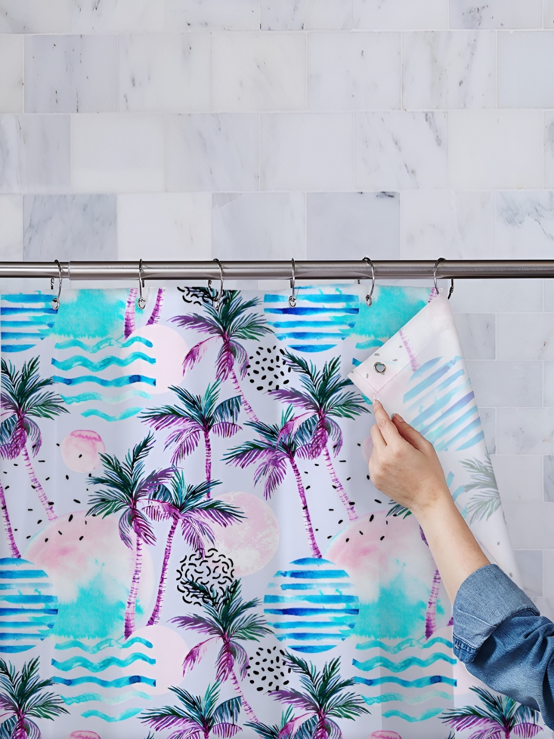 

ArtzFolio White & Blue Tropical Printed Waterproof Shower Curtain
