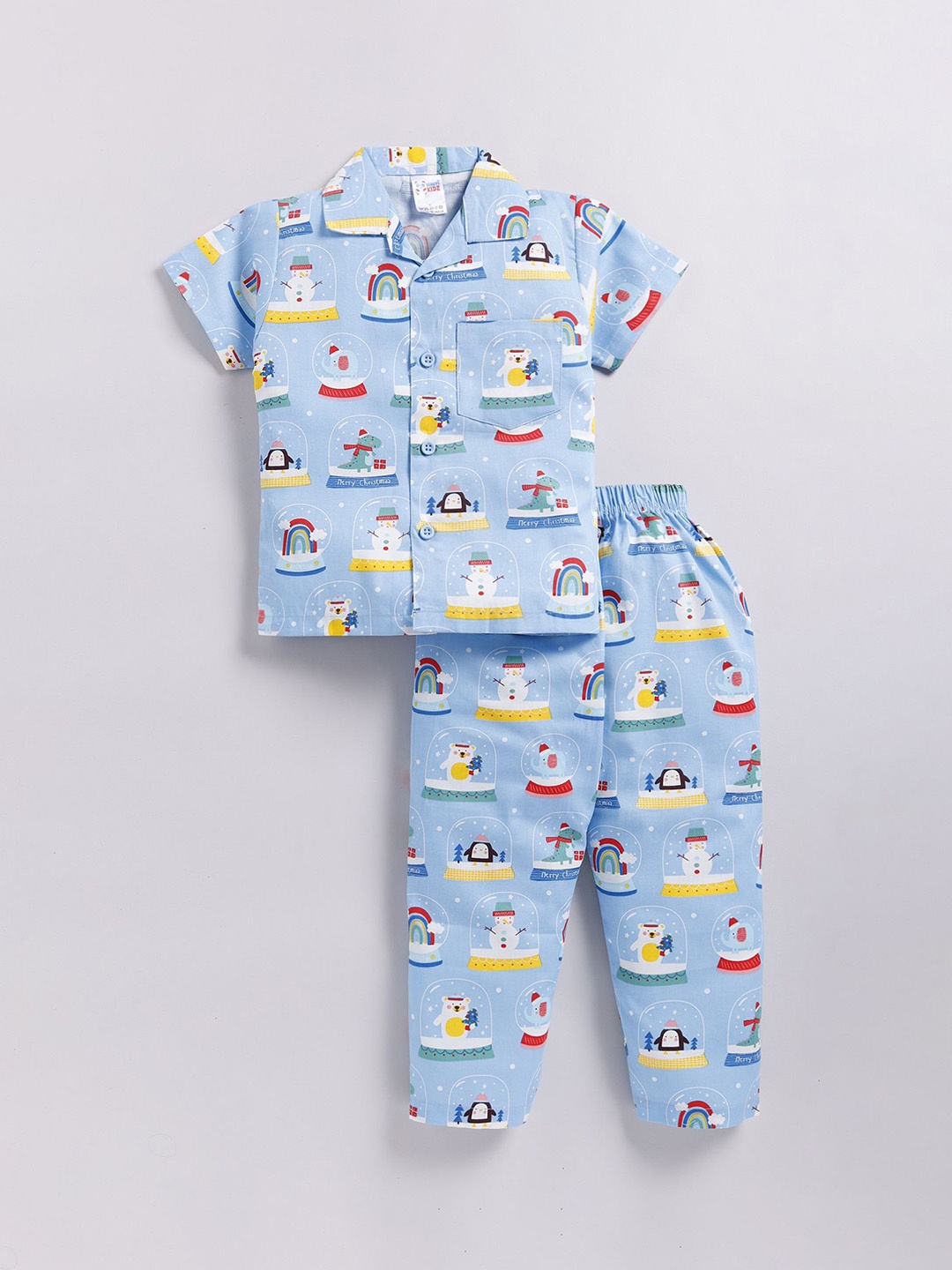 

NAUTI KIDZ Boys Printed Shirt Collar Short Sleeves Pure Cotton Night suit, Blue