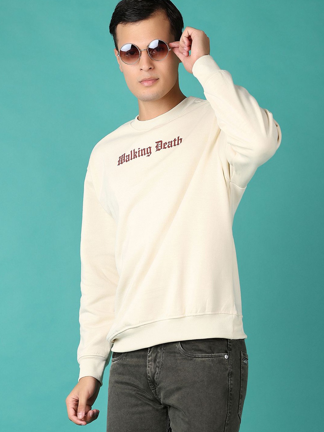 

V-Mart Men Printed Round Neck Pullover Cotton Sweatshirt, Beige