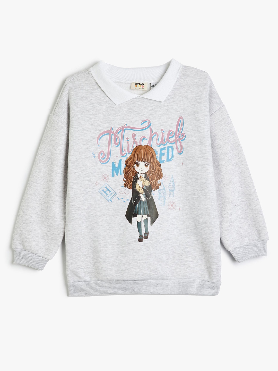 

Koton Girls Printed Shirt Collar Long Sleeves Pullover Sweatshirt, Grey