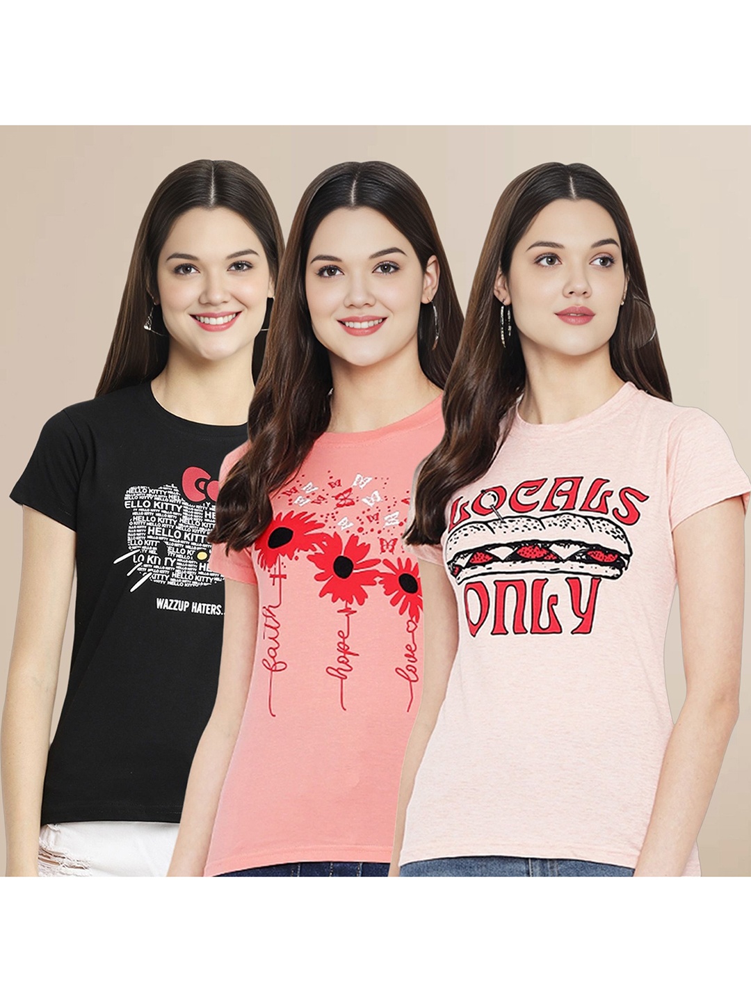 

Metronaut Women Pack Of 3 Typography Printed Round Neck Cotton T-shirts, Black
