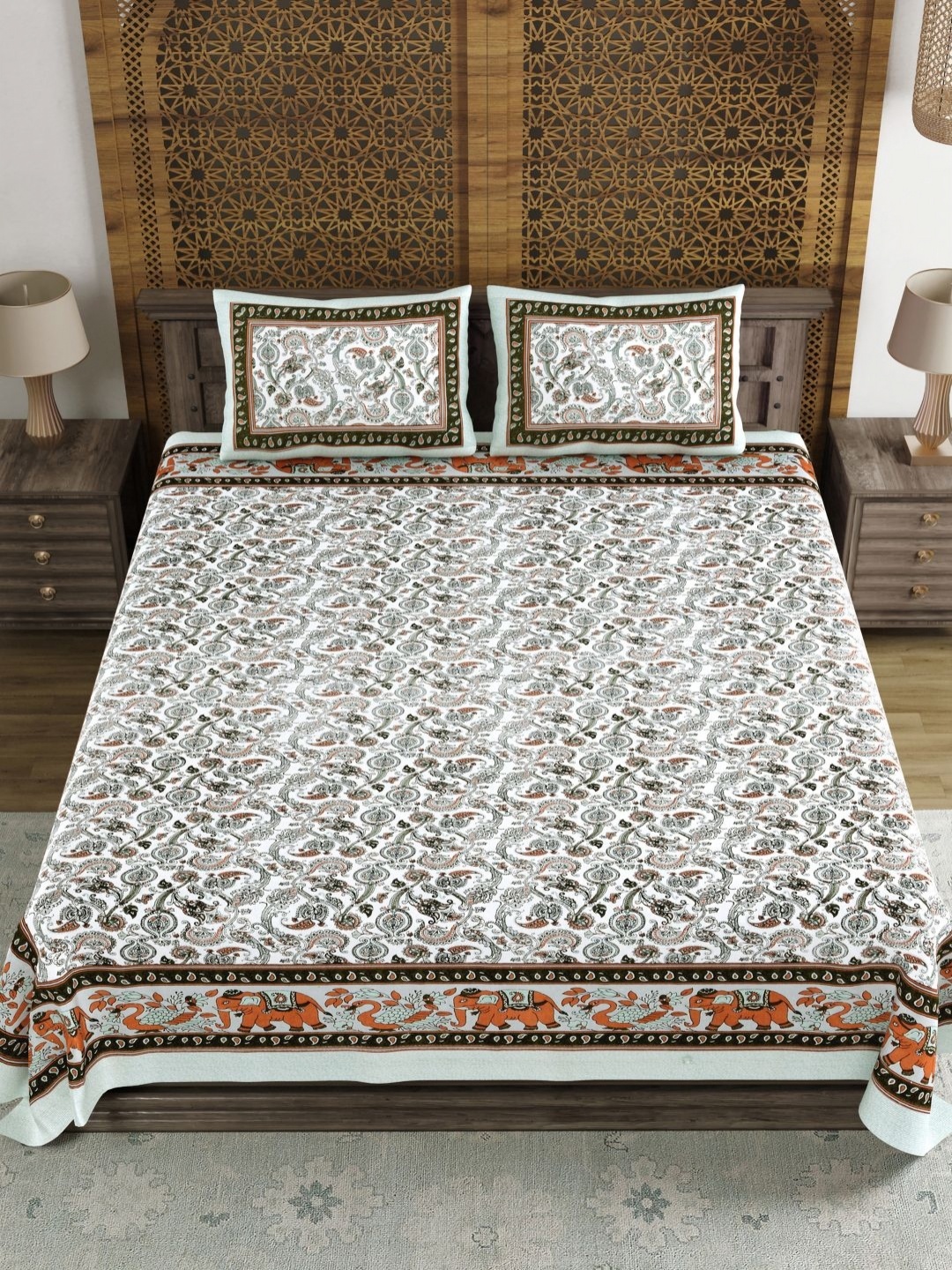 

BLOCKS OF INDIA Grey & White Ethnic Motifs 120 TC King Bedsheet Set 2.18 m x 2.64 m