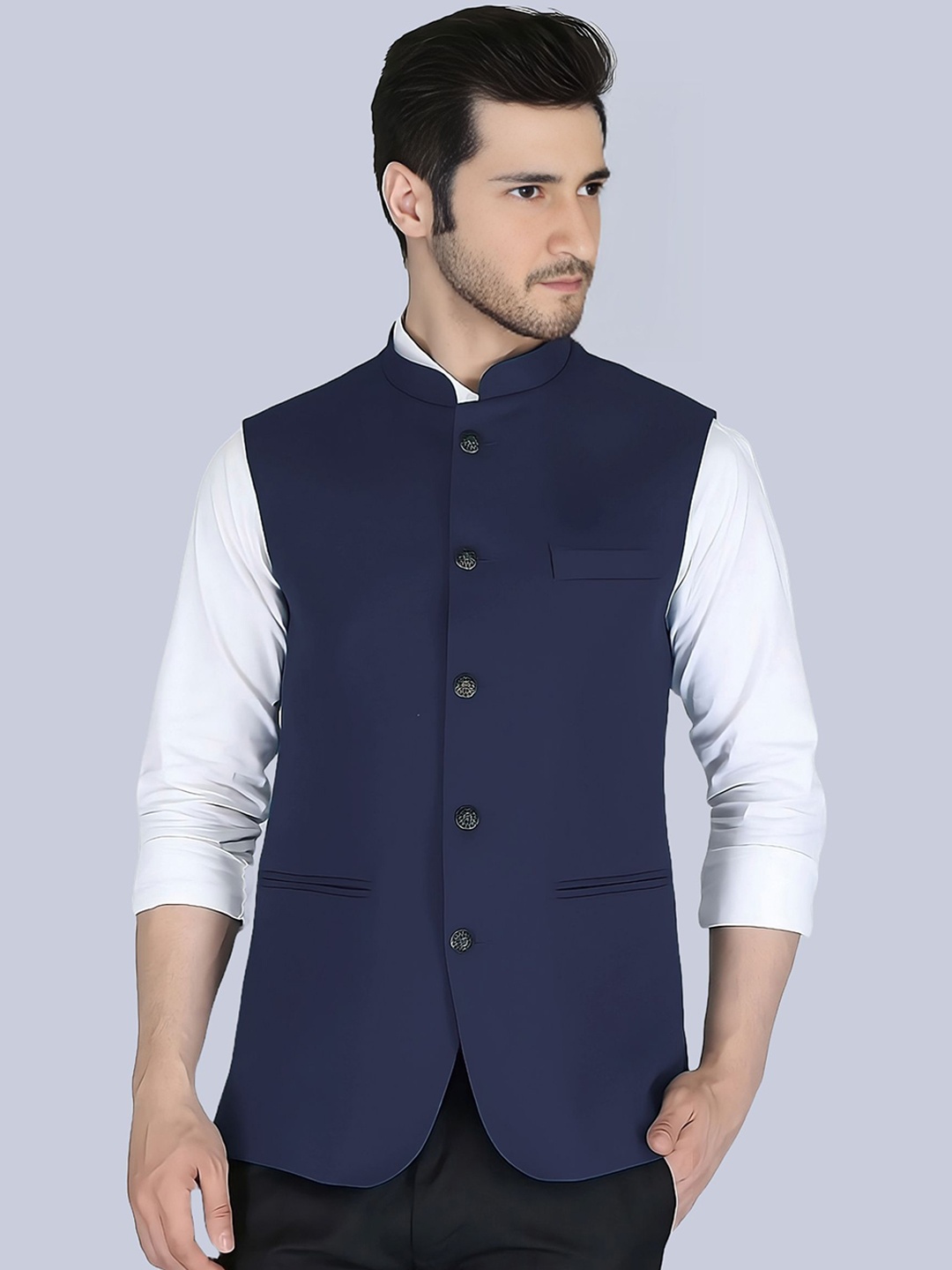 

BAESD Mandarin Collar Satin Nehru Jacket, Navy blue