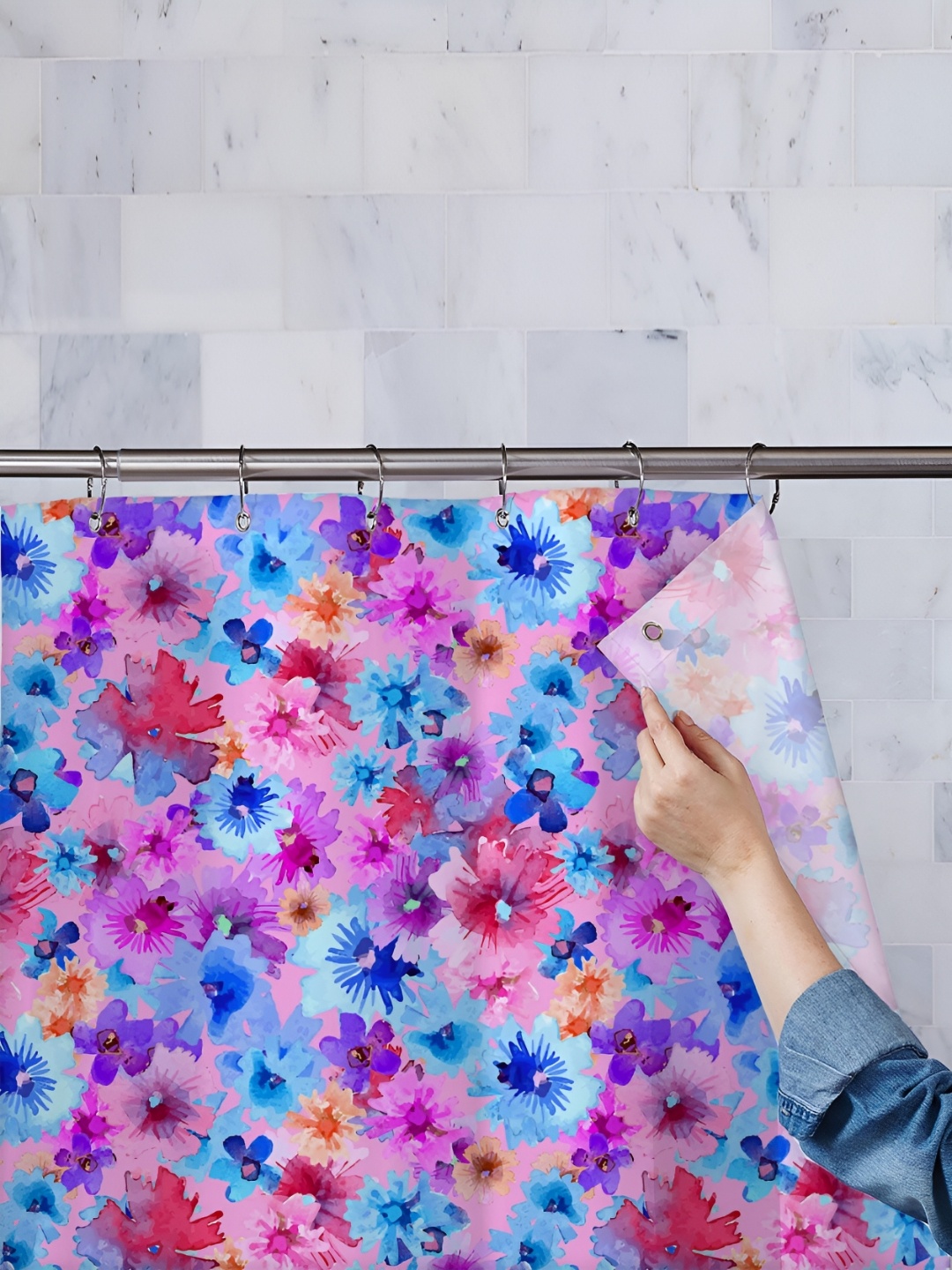

ArtzFolio Blue & Pink Printed Waterproof Shower Curtain