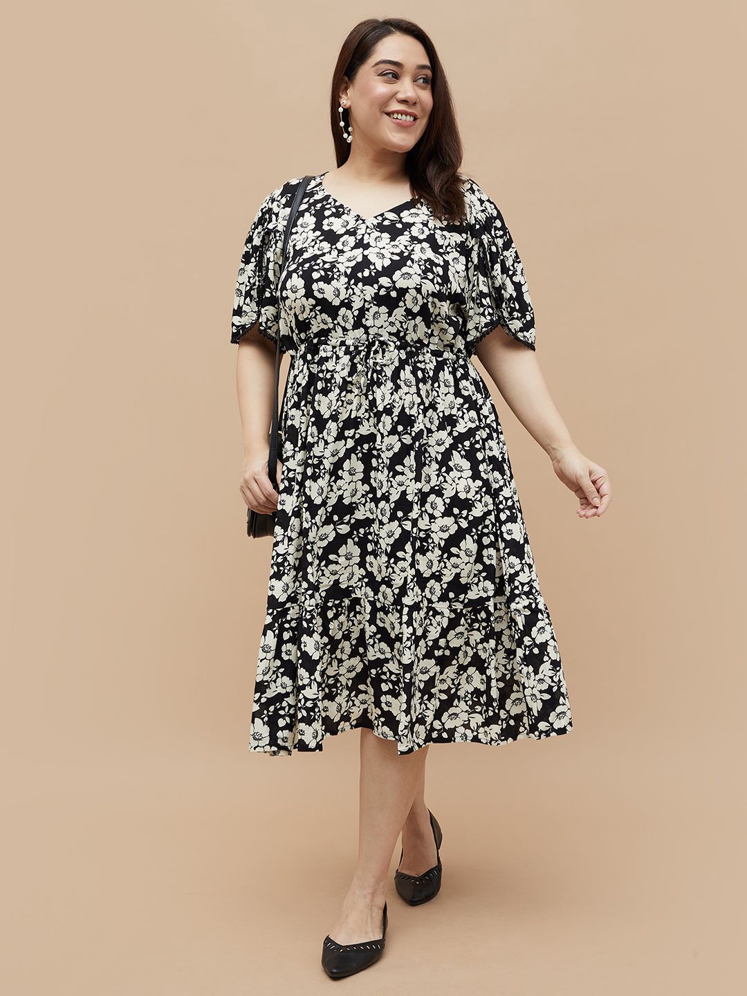 

Nexus by Lifestyle Women Plus Size Floral Print Flared Sleeve A-Line Dress, Black