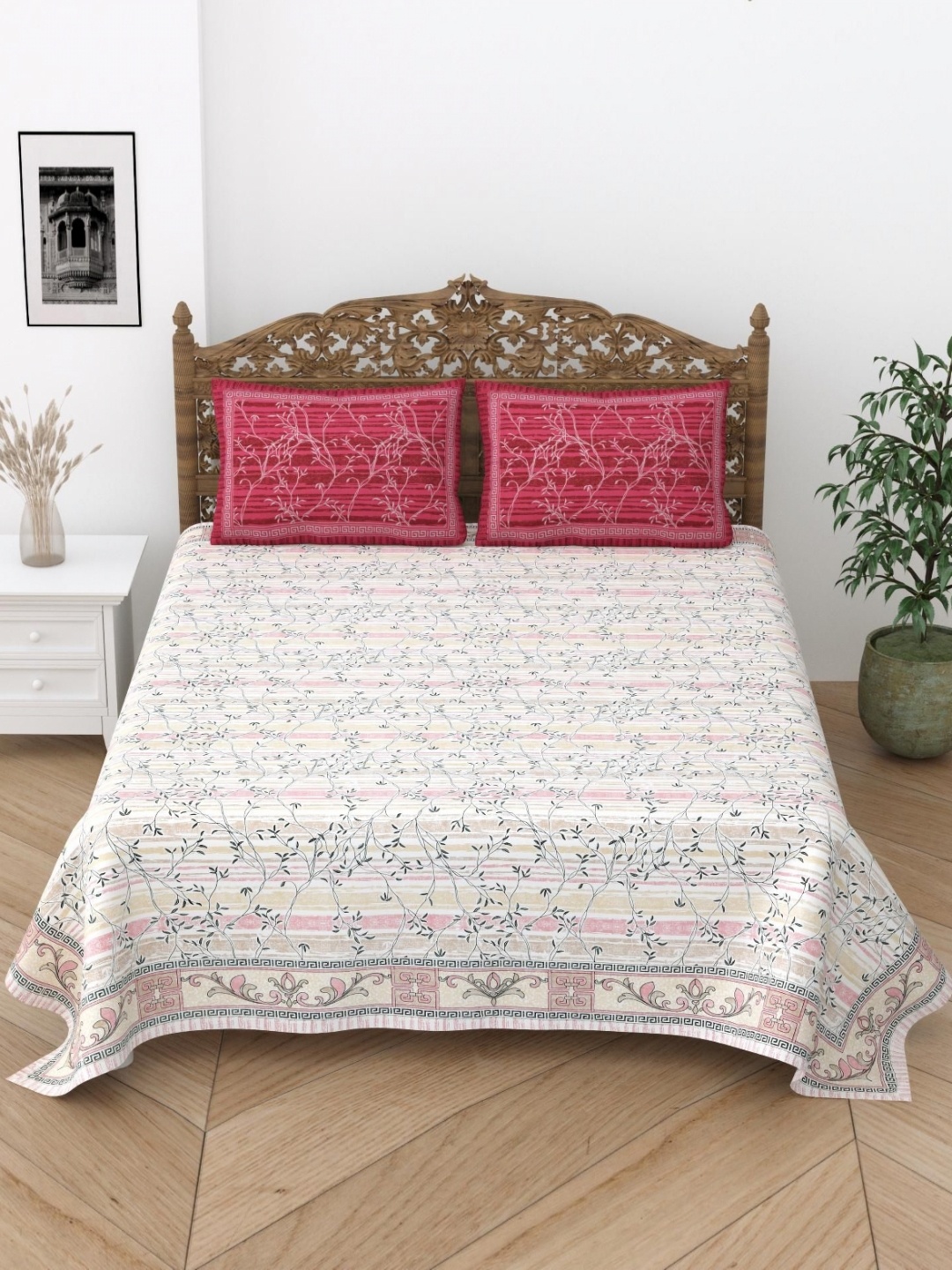 

HOME HEAVENS Pink Ethnic Motifs Cotton Double Queen Superfine Bedding Set-2.54 m x 2.74 m