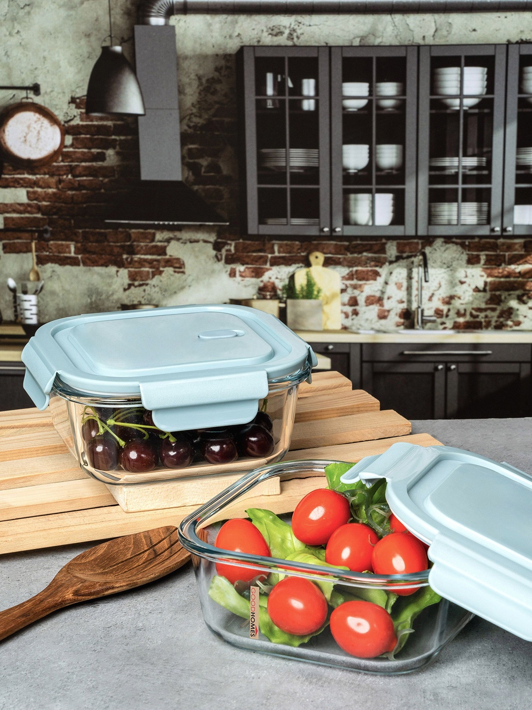 

GOODHOMES White & Blue 2 Pieces Glass Airtight Containers 800 ml Each