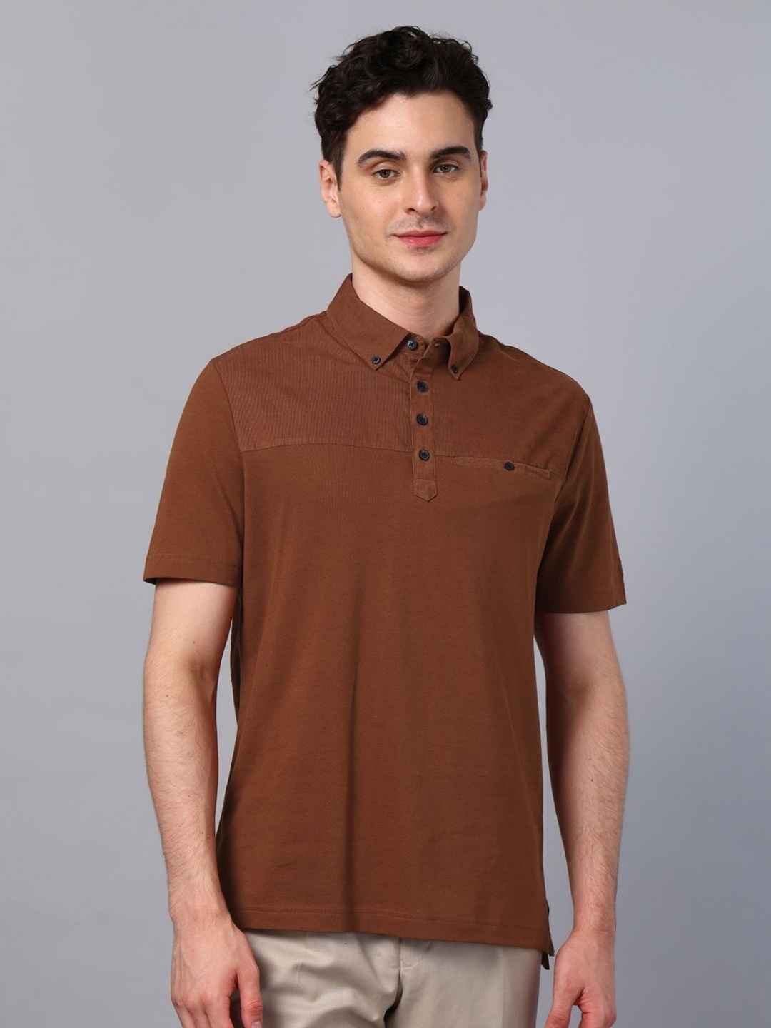 

Slowave Men Polo Collar Pure Cotton T-shirt, Brown