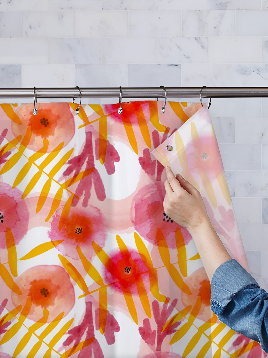 

ArtzFolio White & Orange Floral Printed Waterproof Shower Curtain