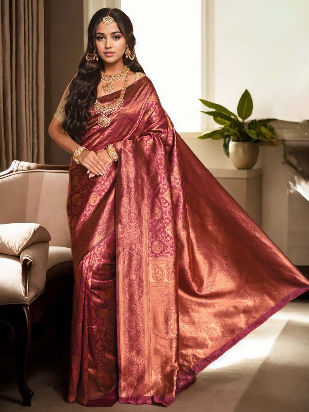 

Anouk Rustic Woven Design Zari Kanjeevaram Saree, Magenta