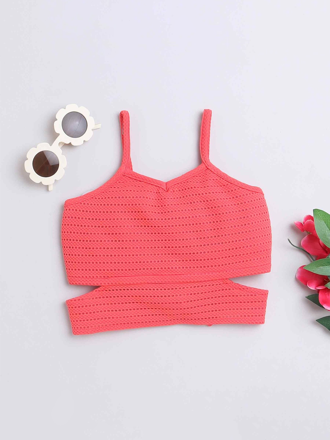 

taffykids Girls Self Design Waist Tie-Ups Crop Top, Coral