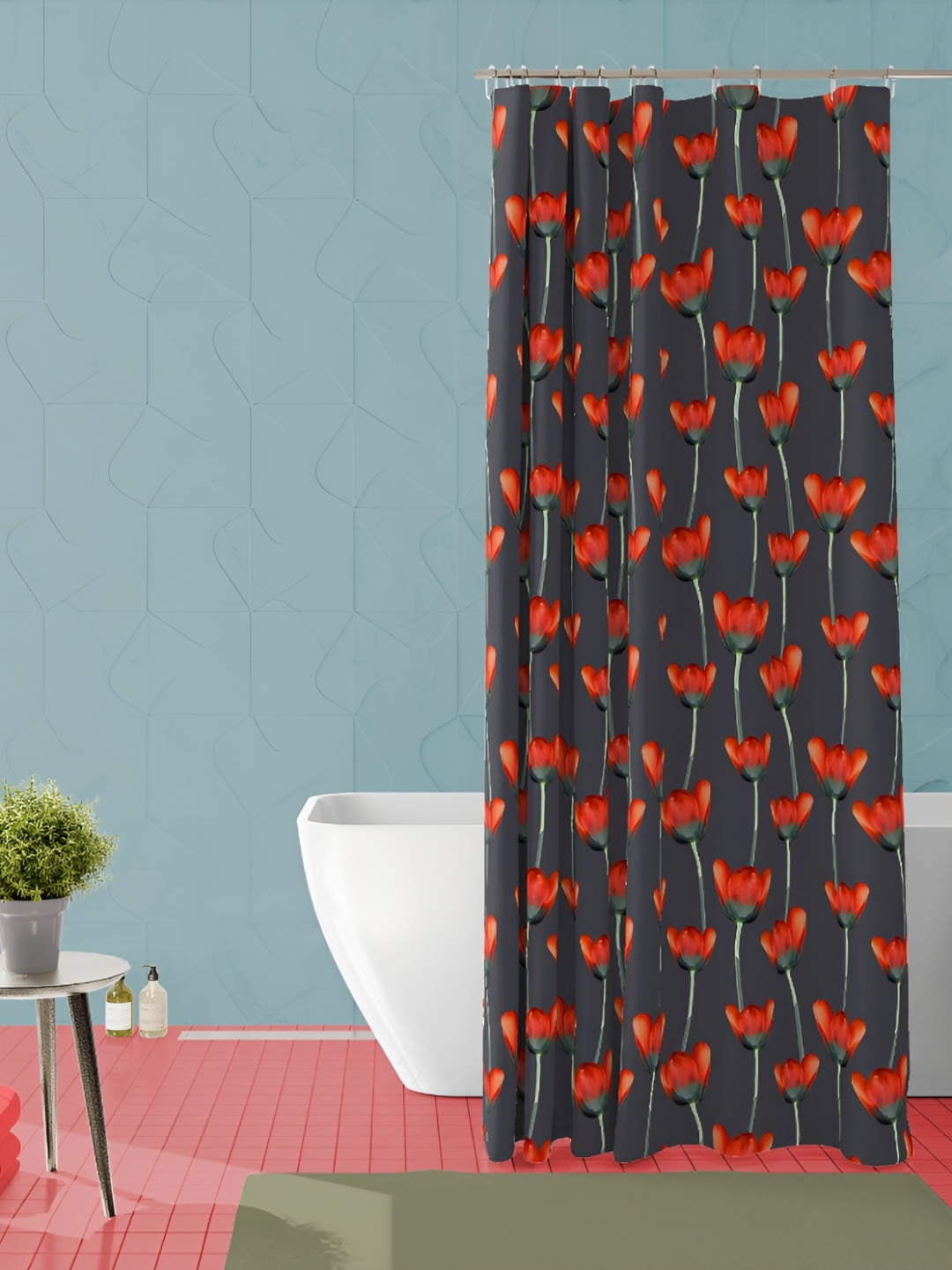 

ArtzFolio Grey & Orange Colored Floral Printed Waterproof Shower Curtain