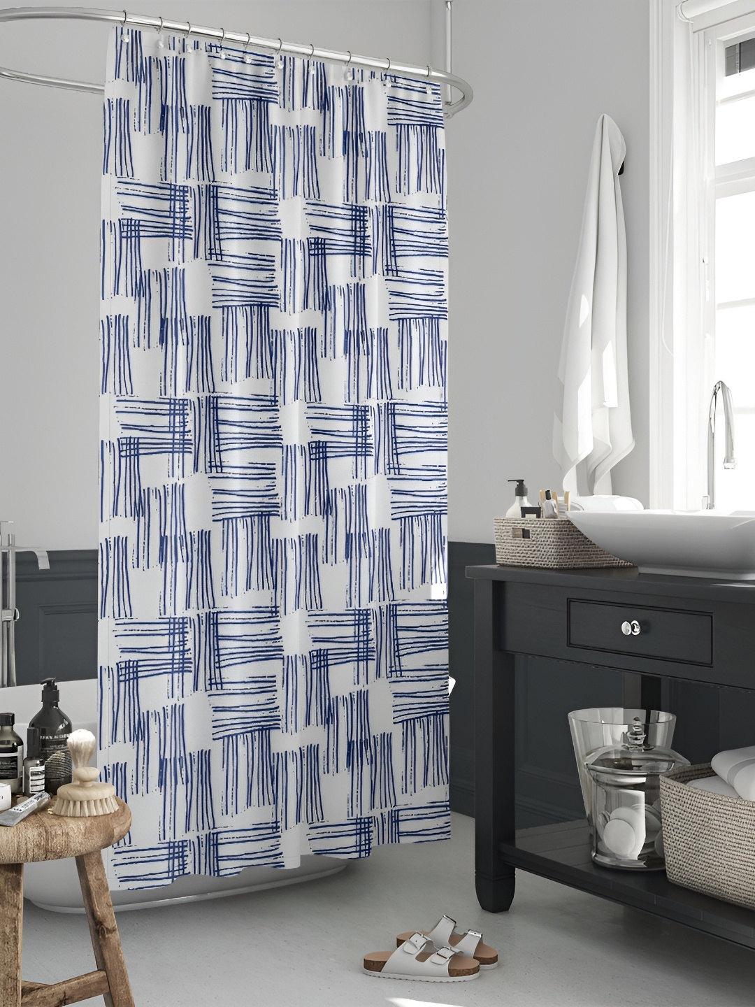 

ArtzFolio White & Blue Printed Waterproof Shower Curtains