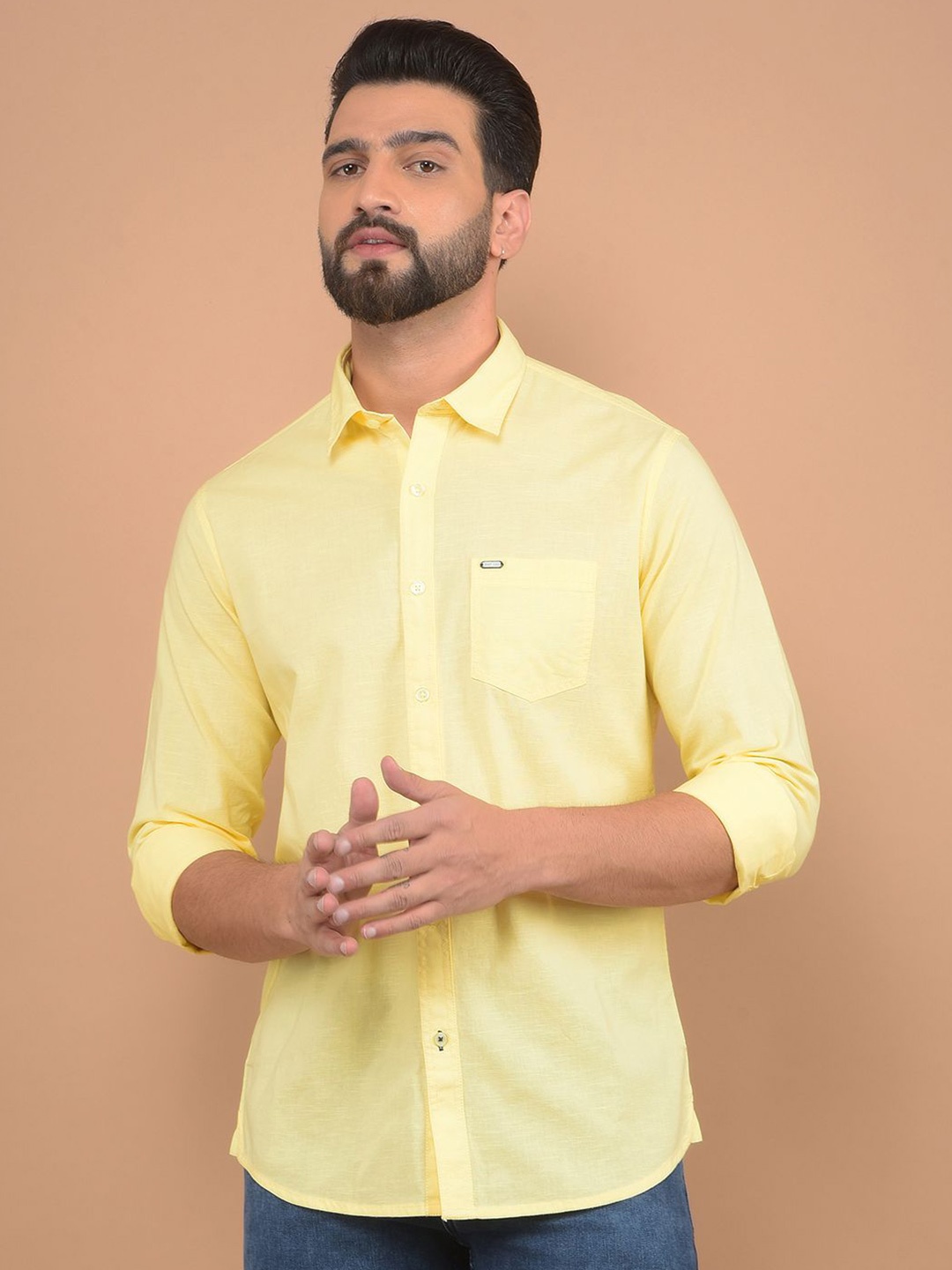 

Canary London Men Smart Spread Collar Solid Cotton Slim Fit Casual Shirt, Yellow