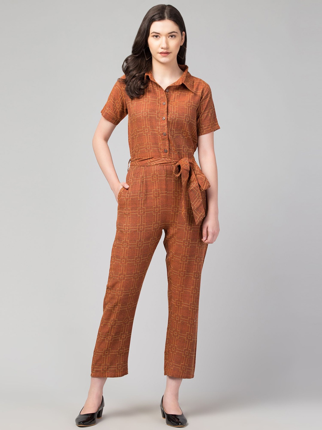 

Zuvino Women Cotton Printed Shirt Collar Short Sleeves Basic Jumpsuit, Camel brown