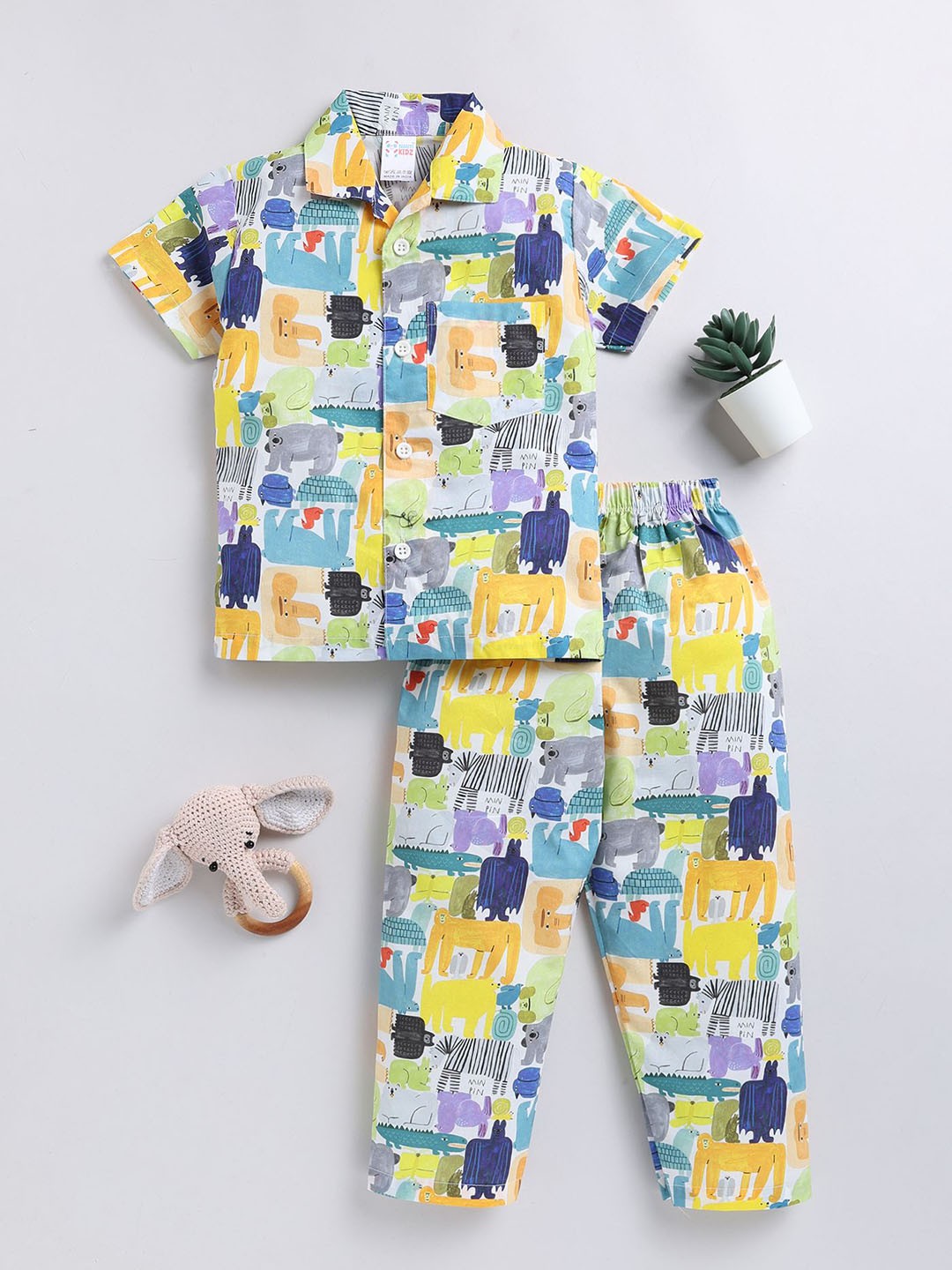 

NAUTI KIDZ Boys Pure Cotton Shirt Collar Printed Night Suit, White