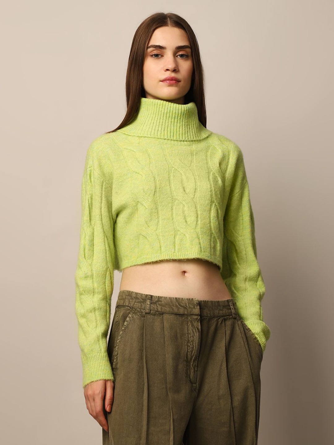 

ONLY Women Cable Knit Self Design Crop Pullover, Green