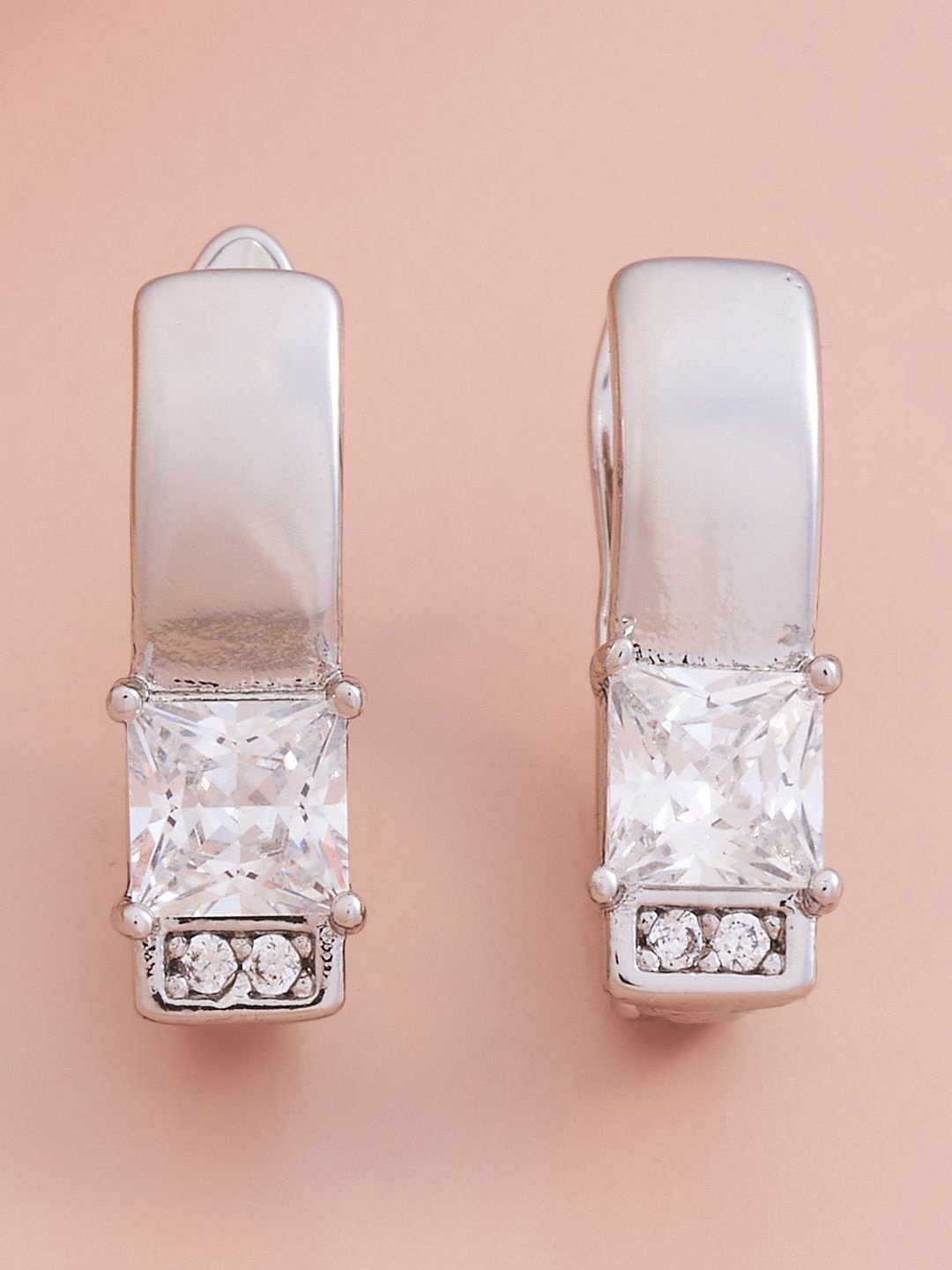 

Kushal's Fashion Jewellery Rhodium Plated Zircon Studded Geometric Hoop Earrings, Silver