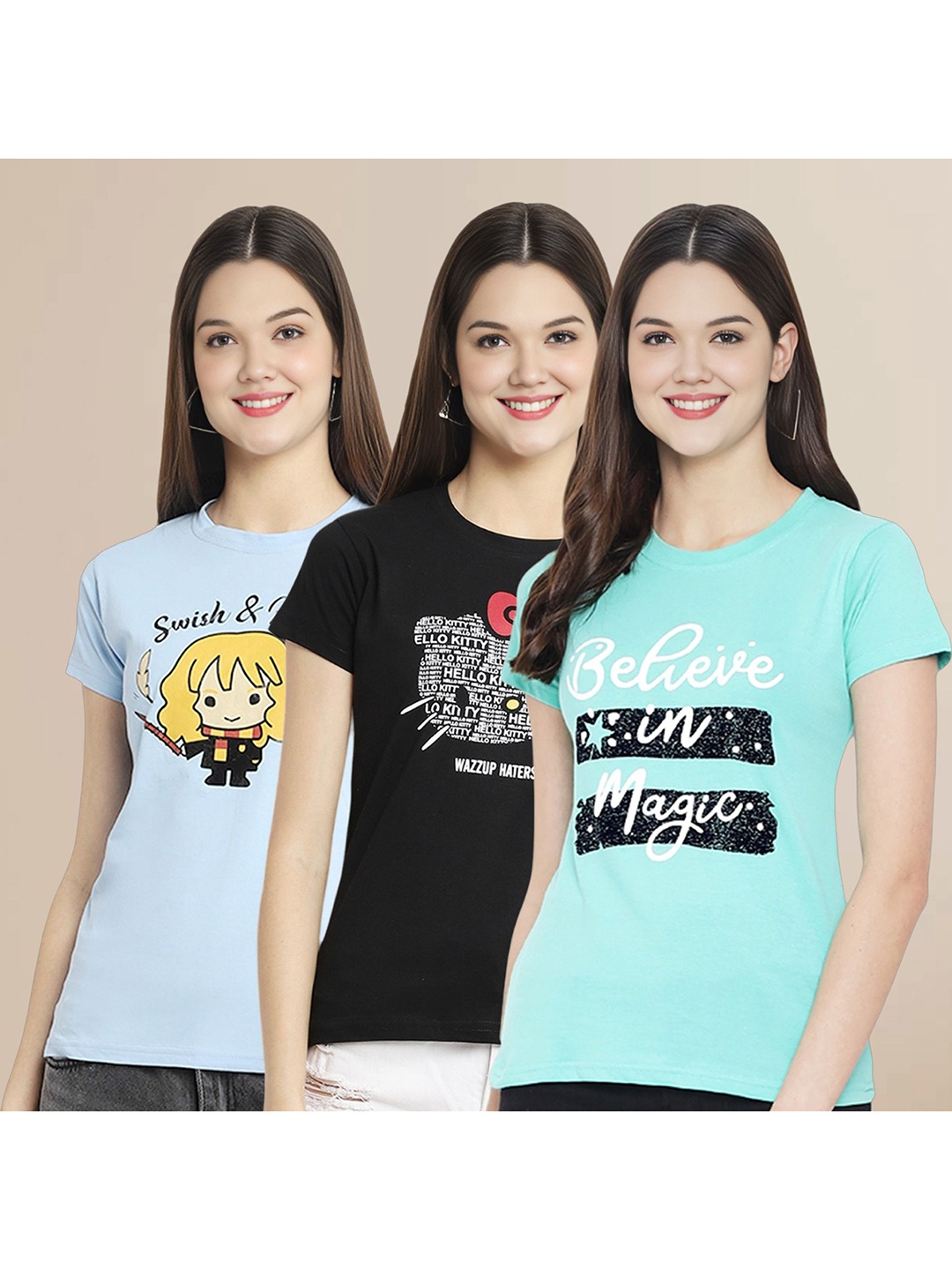 

Metronaut Women Pack Of 3 Typography Printed Round Neck Cotton T-shirts, Blue