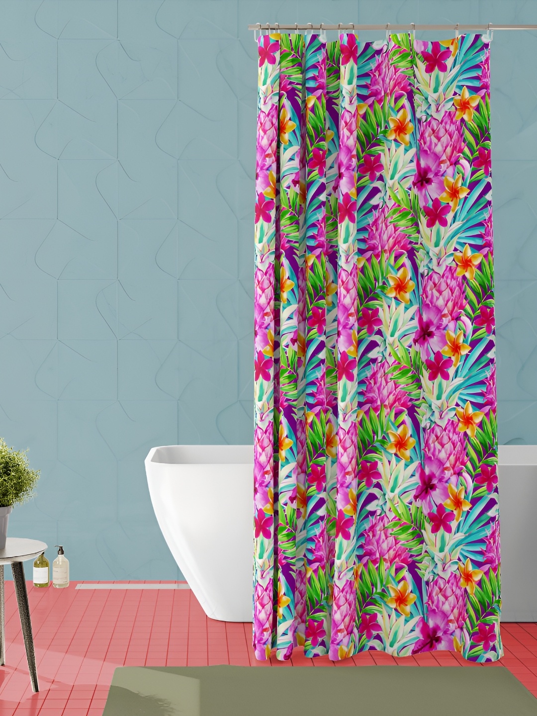 

ArtzFolio Pink & Green Floral Printed Waterproof Shower Curtain