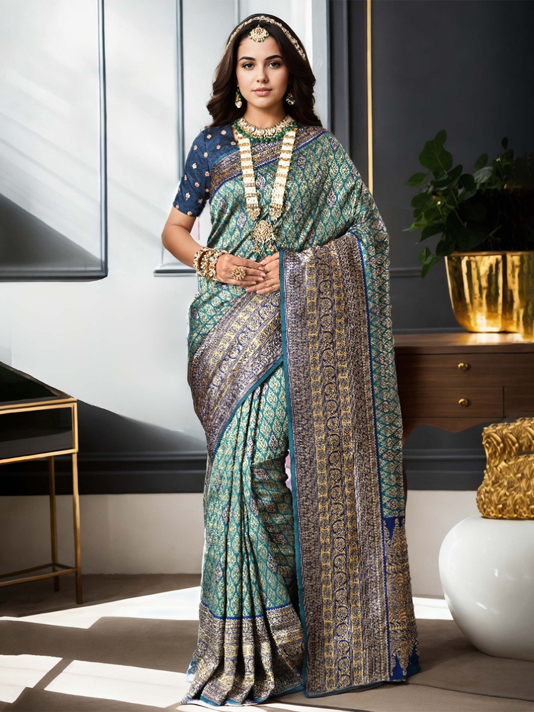 

Anouk Woven Design Zari Traditional Banarasi Festive Wear Saree, Blue