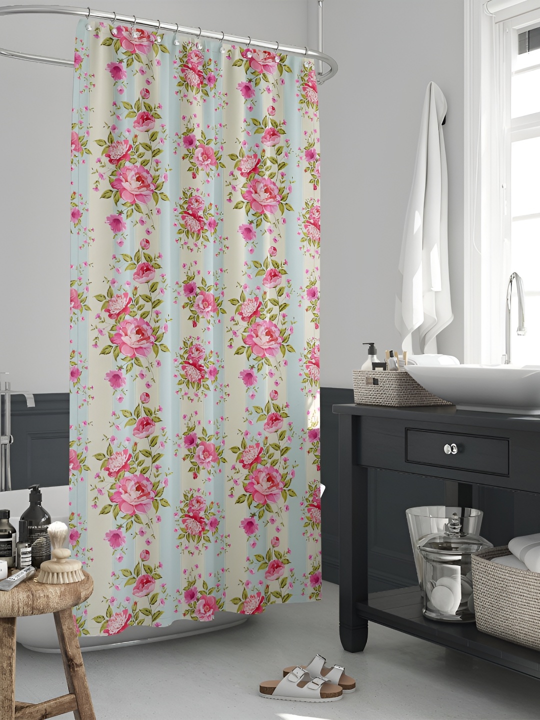 

ArtzFolio Green & Pink Floral Printed Waterproof Shower Curtain