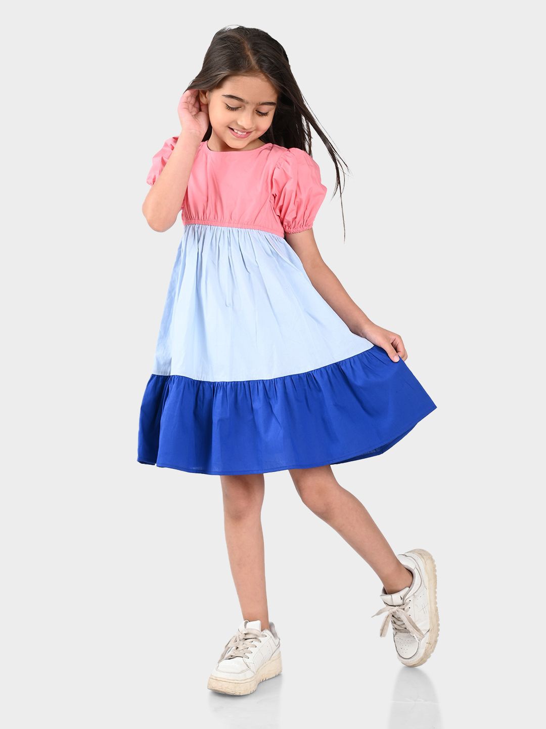 

BONKIDS Girls Colourblocked Tiered Fit & Flare Cotton Dress, Peach