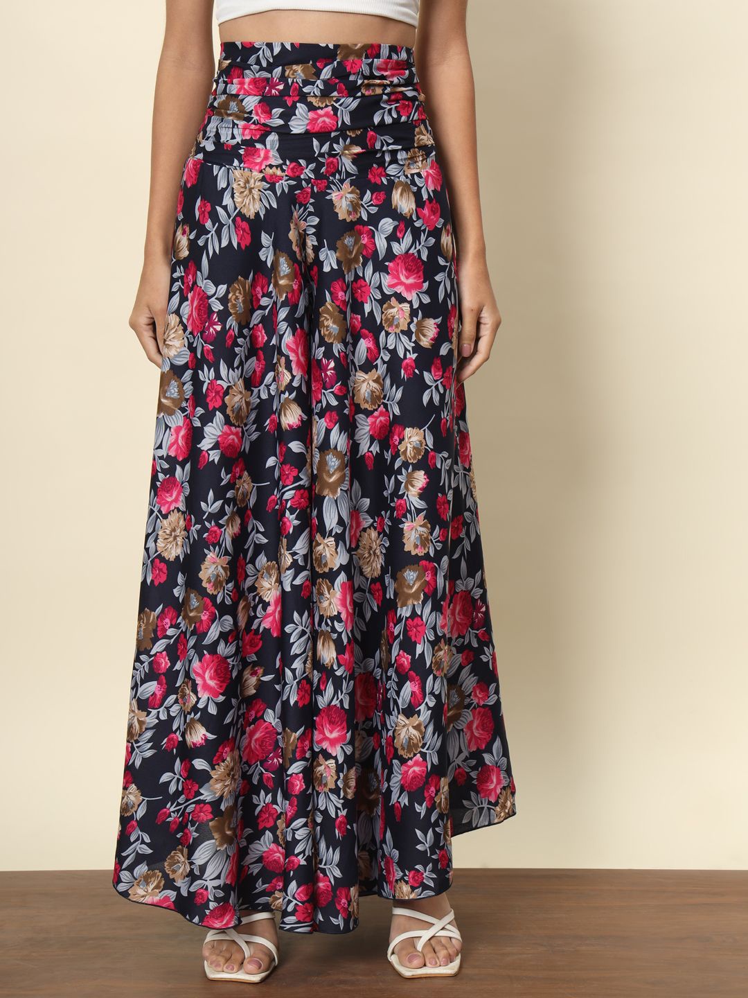 

Trend Arrest Women Floral Printed Flared Palazzos, Navy blue