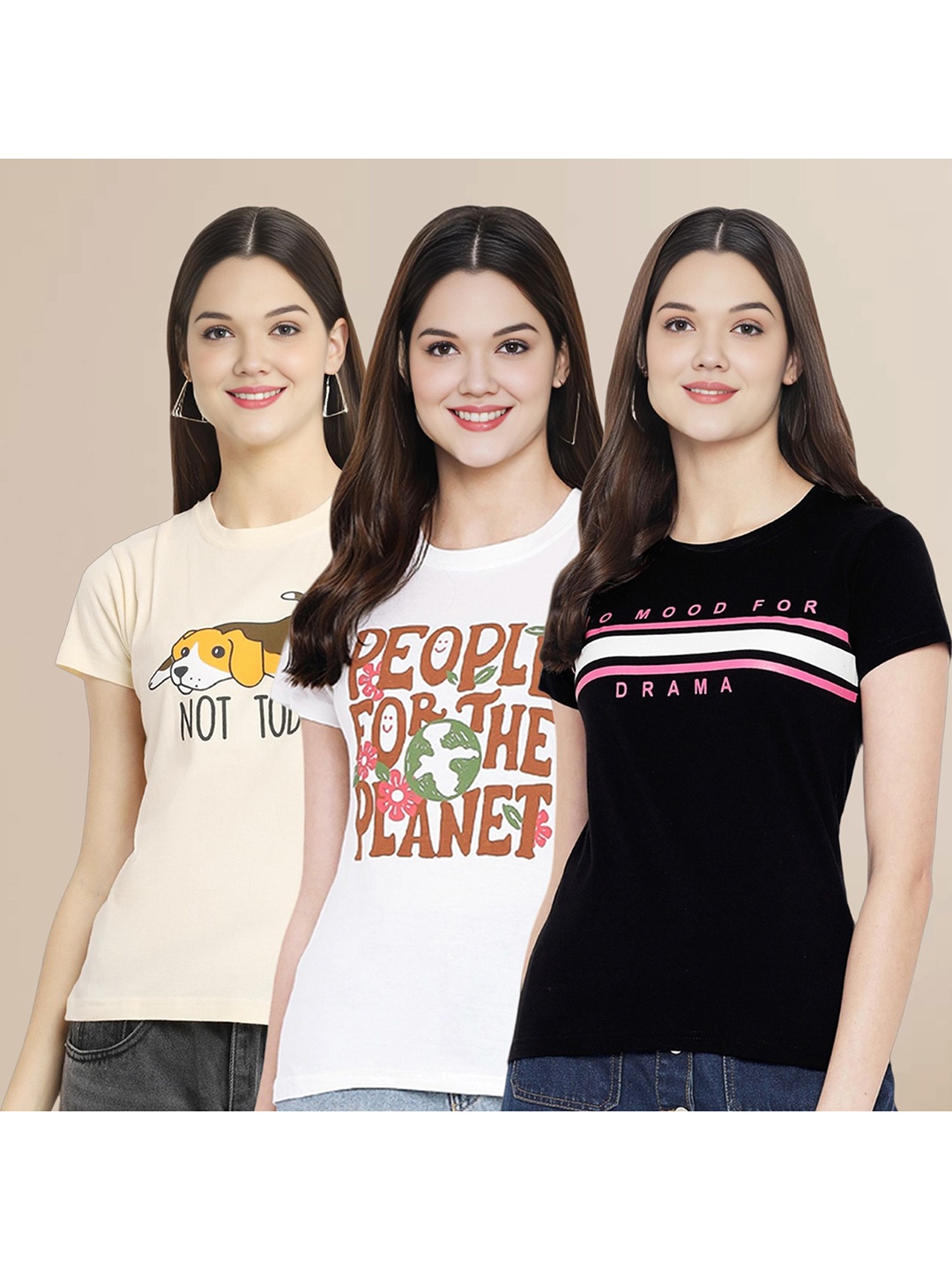 

Metronaut Women Pack Of 3 Typography Printed Round Neck Cotton T-shirts, Cream