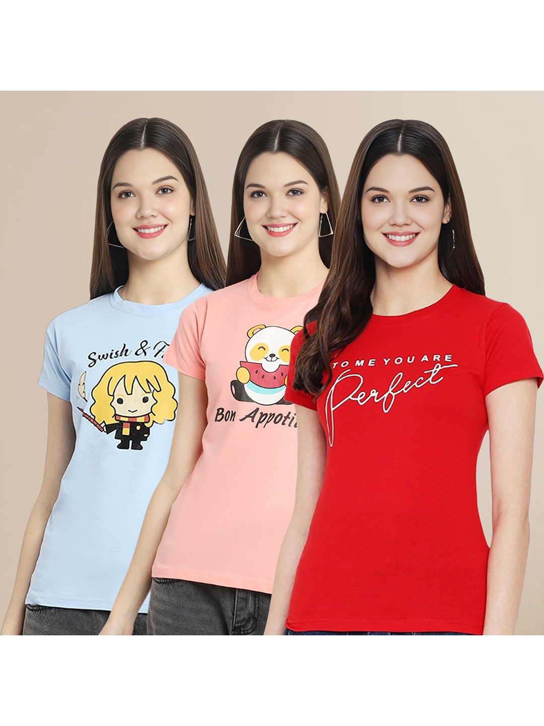 

Metronaut Women Pack Of 3 Typography Printed Round Neck Cotton T-shirts, Blue