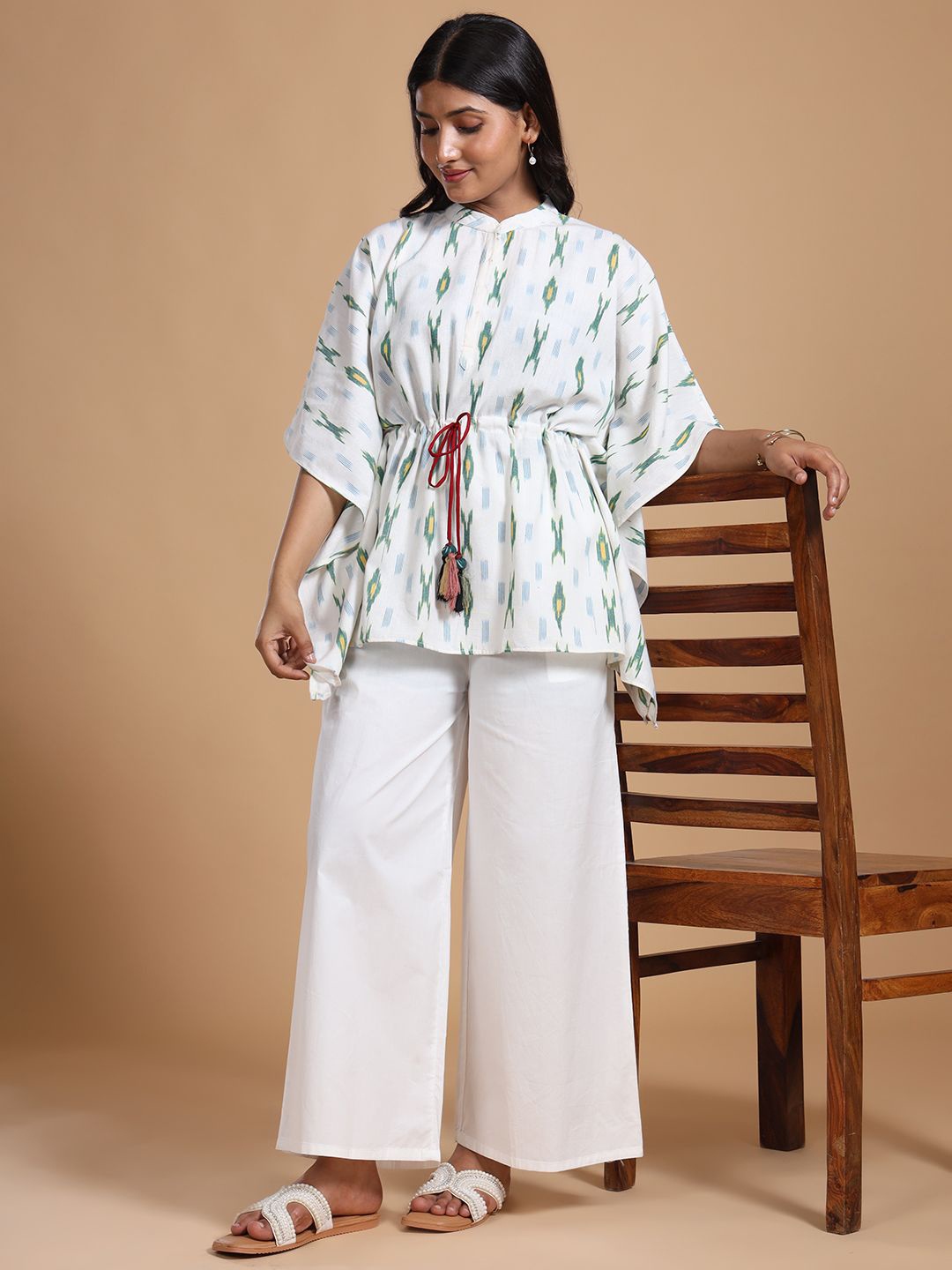 

THE WEAVE TRAVELLER Mandarin Collar Batwing Sleeve Cotton Kaftan Top, White